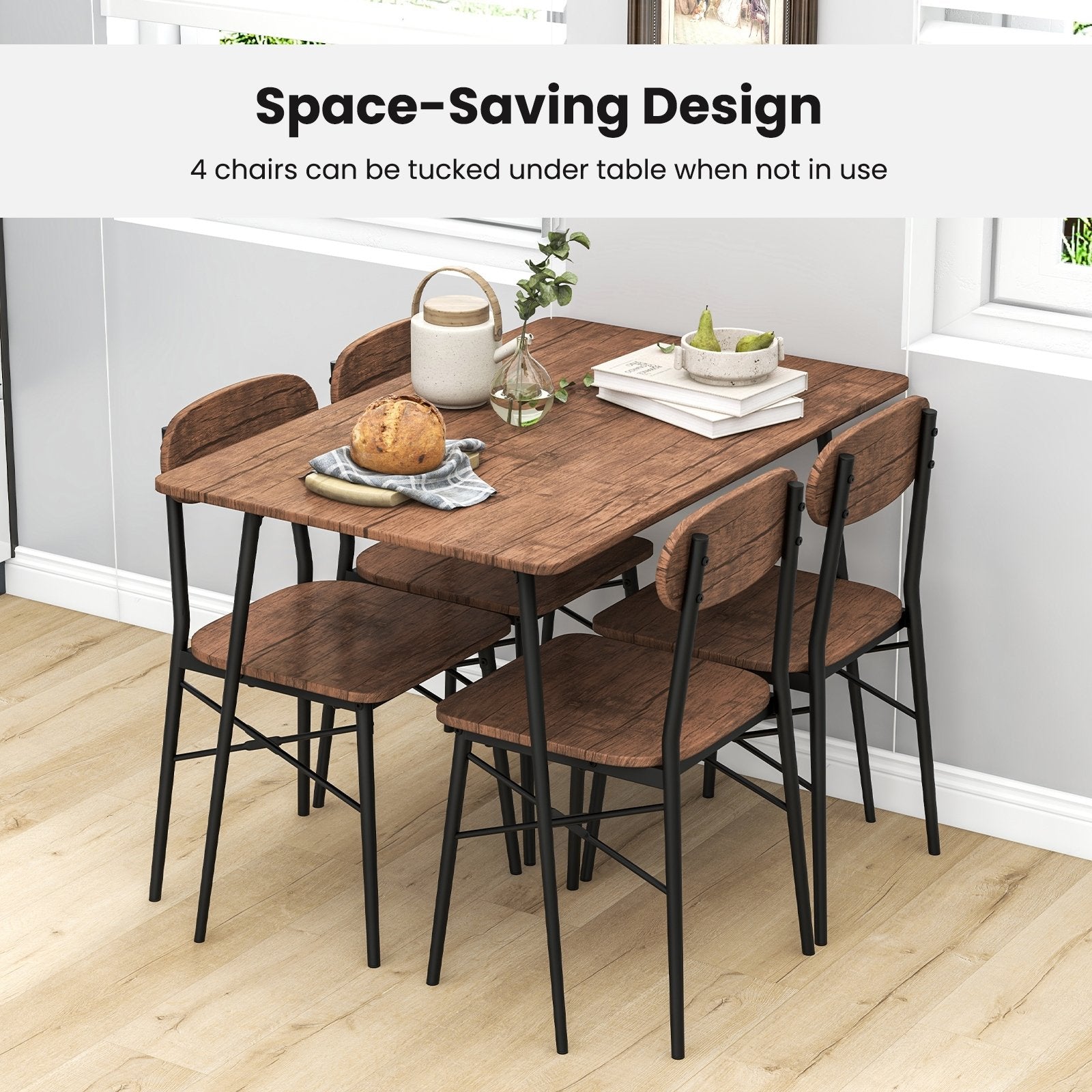 5 Piece Dining Table Set Rectangular with Backrest and Metal Legs for Breakfast Nook, Rustic Brown Dining Room Sets   at Gallery Canada