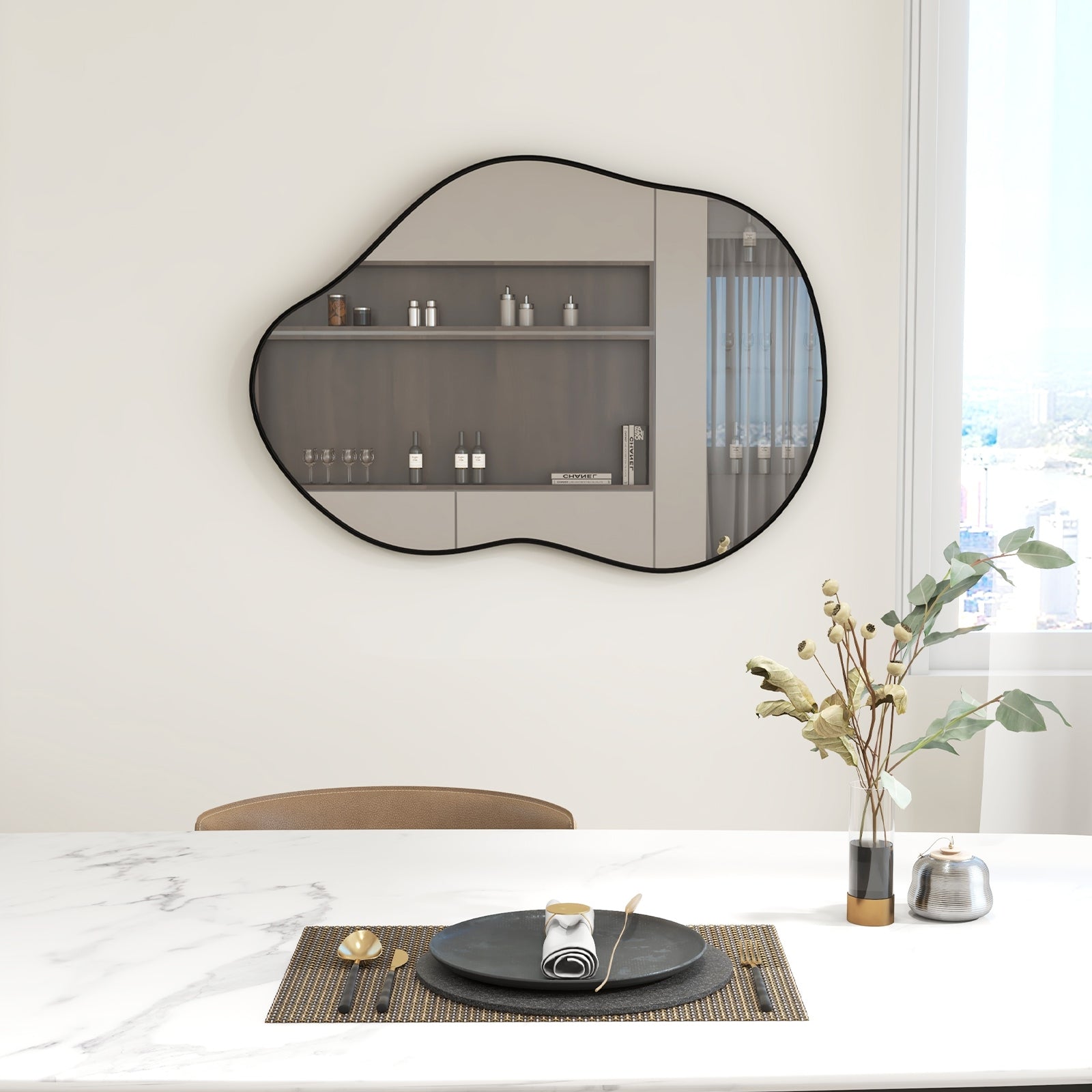 22 Inch x 30.5 Inch Irregular Wall Mounted Mirror with Premium Back Board, Black Wall Mirrors   at Gallery Canada