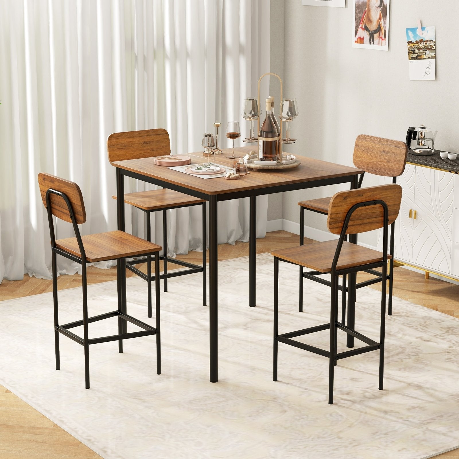 5 Pieces Industrial Dining Table Set with Counter Height Table and 4 Bar Stools, Dark Brown Dining Room Sets   at Gallery Canada