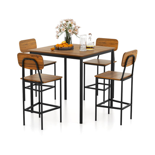 5 Pieces Industrial Dining Table Set with Counter Height Table and 4 Bar Stools, Dark Brown