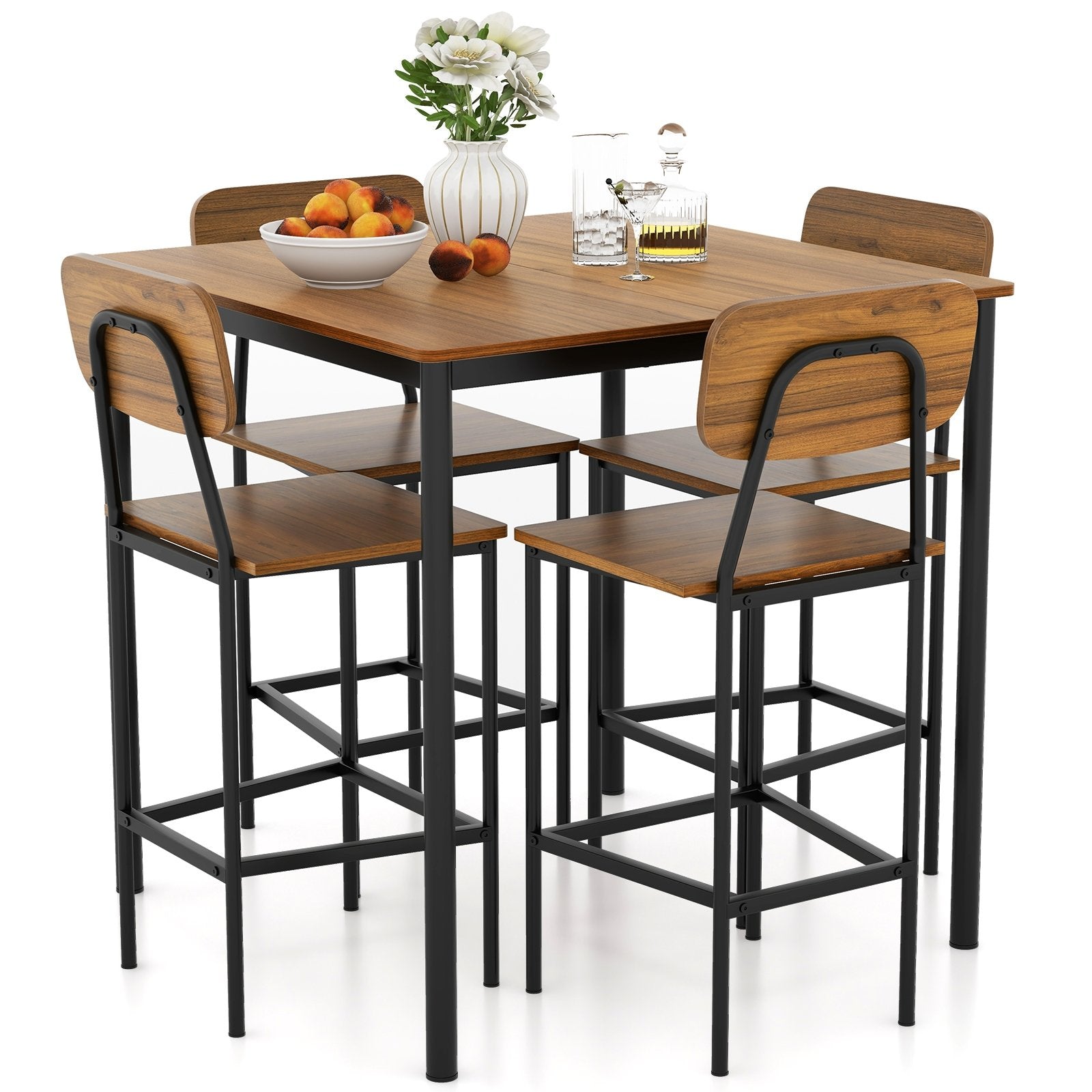 5 Pieces Industrial Dining Table Set with Counter Height Table and 4 Bar Stools, Dark Brown Dining Room Sets   at Gallery Canada