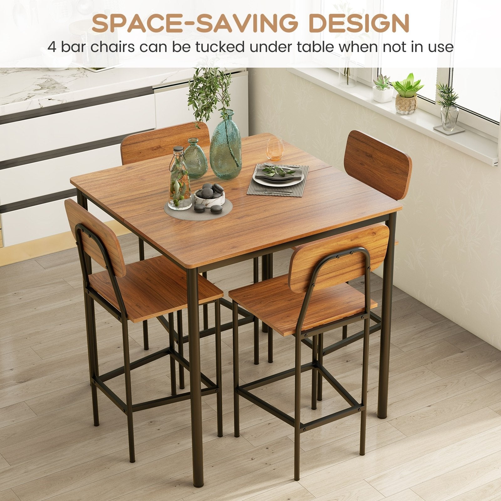 5 Pieces Industrial Dining Table Set with Counter Height Table and 4 Bar Stools, Dark Brown Dining Room Sets   at Gallery Canada