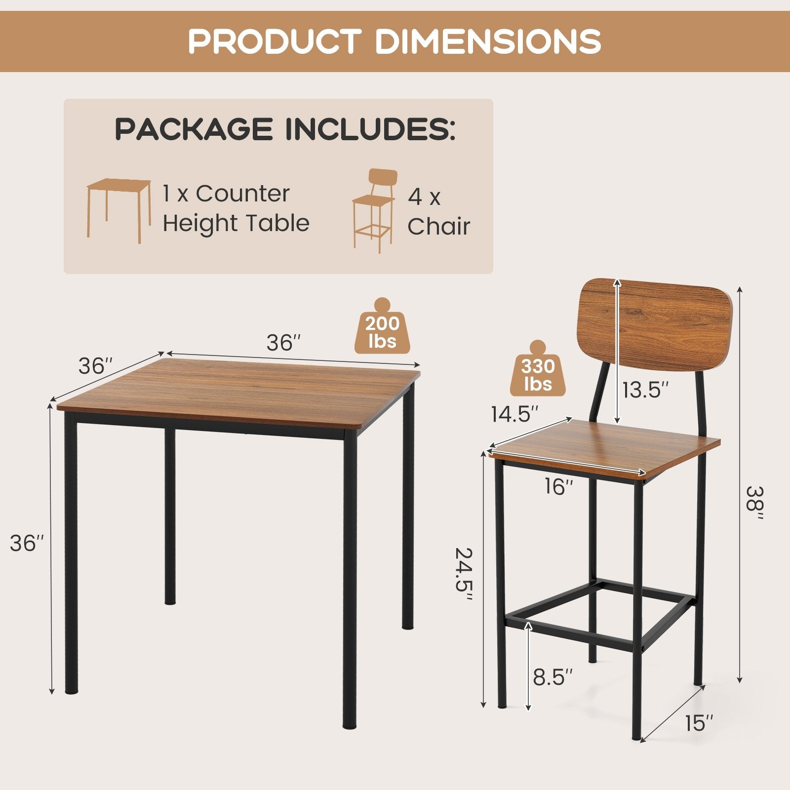 5 Pieces Industrial Dining Table Set with Counter Height Table and 4 Bar Stools, Dark Brown Dining Room Sets   at Gallery Canada