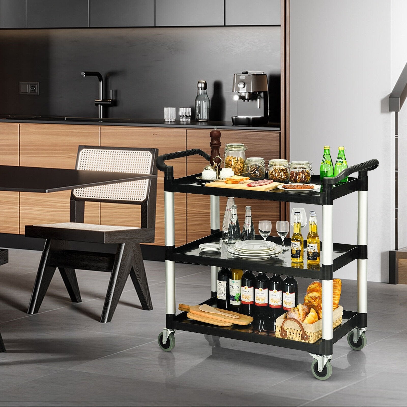 3-Tier Utility Service Cart with Lockable Wheels and Double Handles, Black Garages   at Gallery Canada