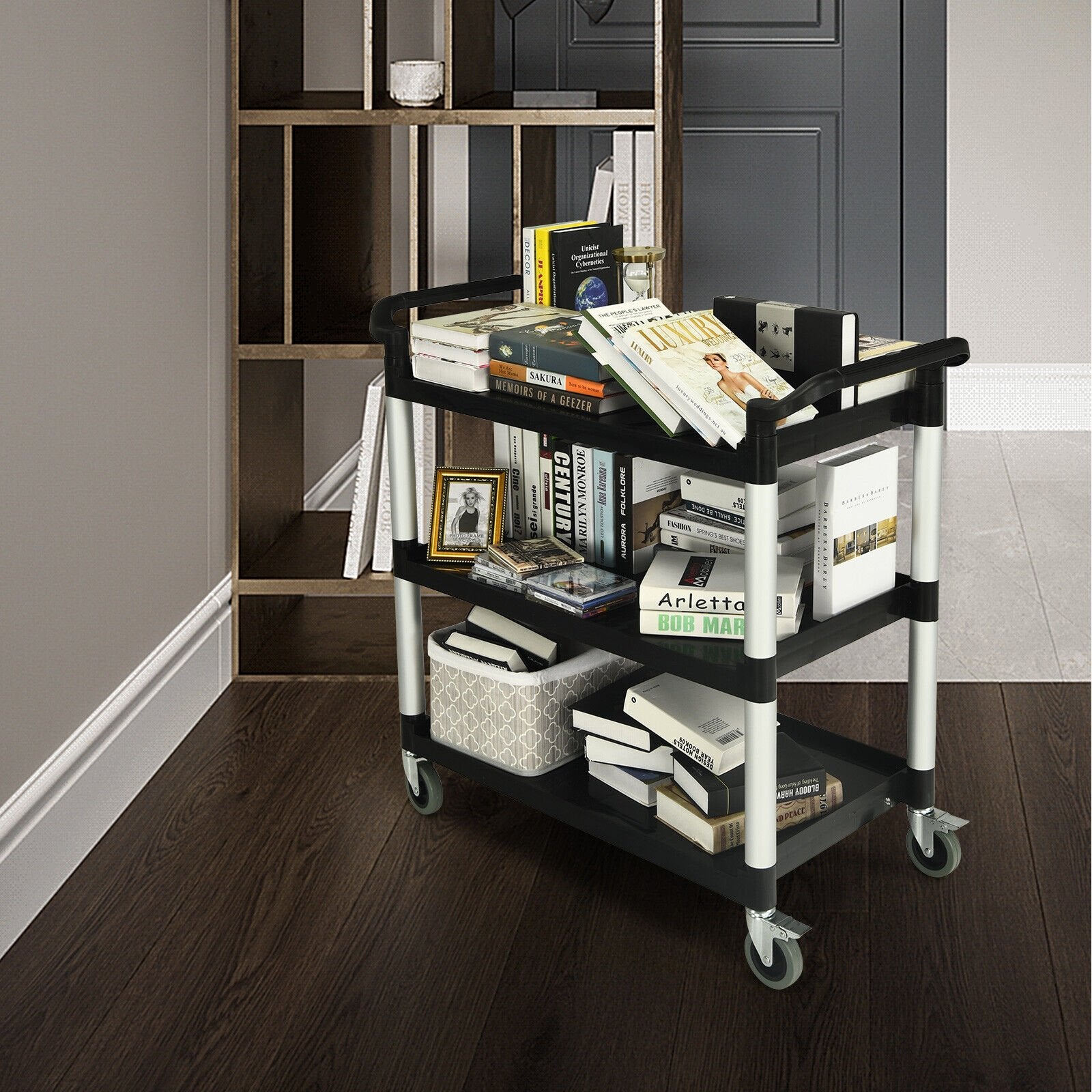 3-Tier Utility Service Cart with Lockable Wheels and Double Handles, Black Garages   at Gallery Canada