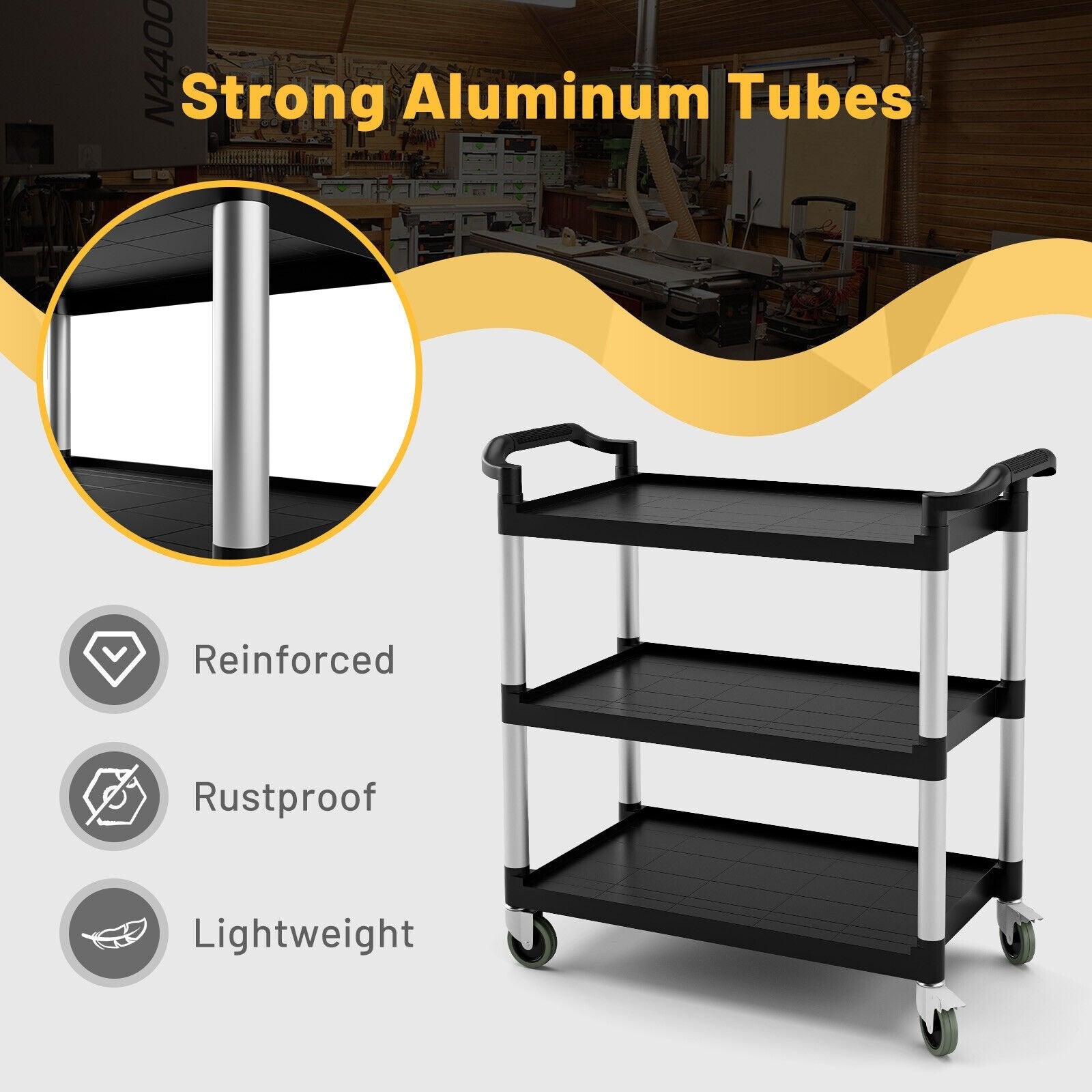 3-Tier Utility Service Cart with Lockable Wheels and Double Handles, Black Garages   at Gallery Canada