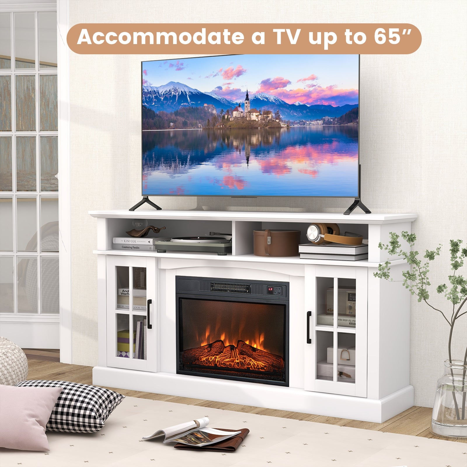 Fireplace TV Stand for TVs Up to 65 Inch with Side Cabinets and Remote Control, White Entertainment Centers & TV Stands   at Gallery Canada