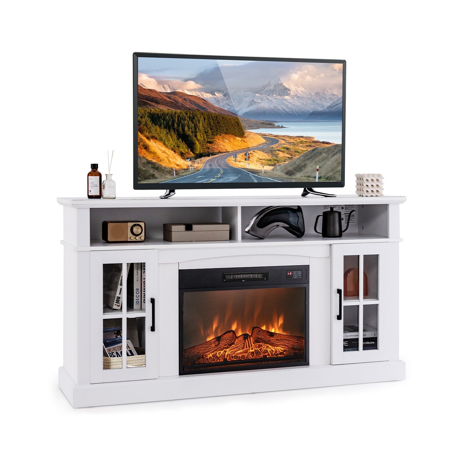 Fireplace TV Stand for TVs Up to 65 Inch with Side Cabinets and Remote Control, White Entertainment Centers & TV Stands White at Gallery Canada