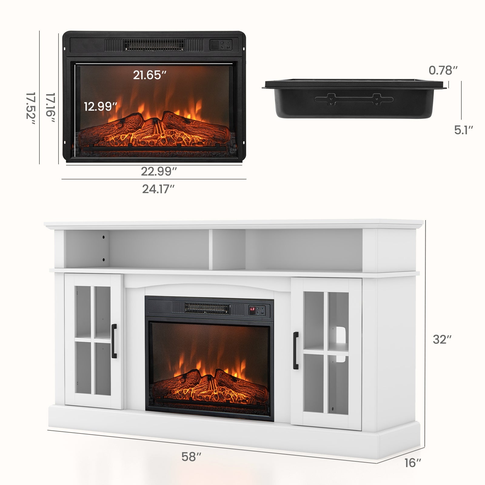 Fireplace TV Stand for TVs Up to 65 Inch with Side Cabinets and Remote Control, White Entertainment Centers & TV Stands   at Gallery Canada