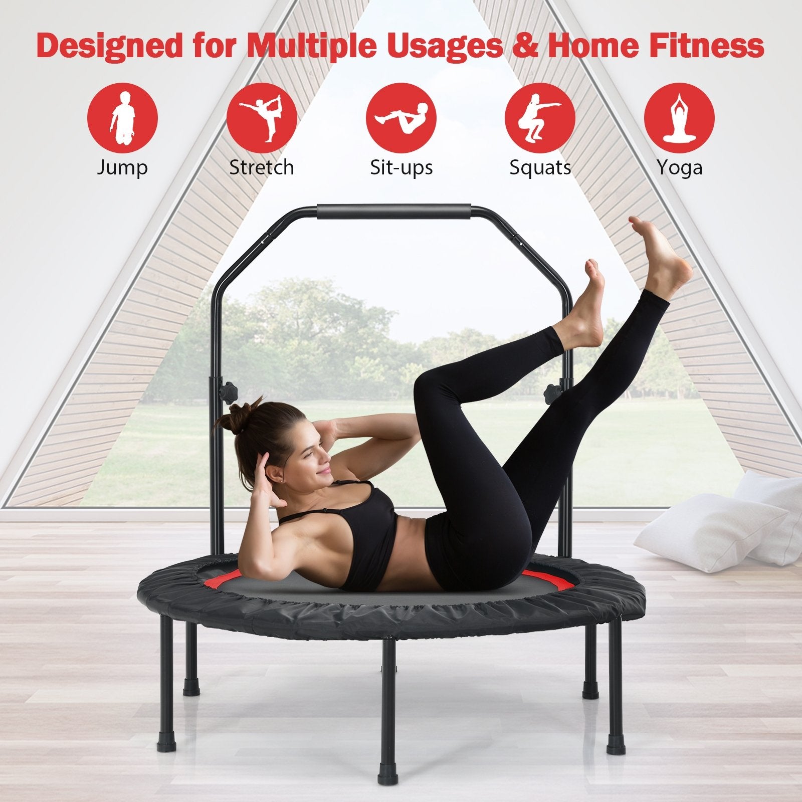 40 Inch Foldable Fitness Rebounder with Resistance Bands Adjustable Home, Red Trampolines   at Gallery Canada