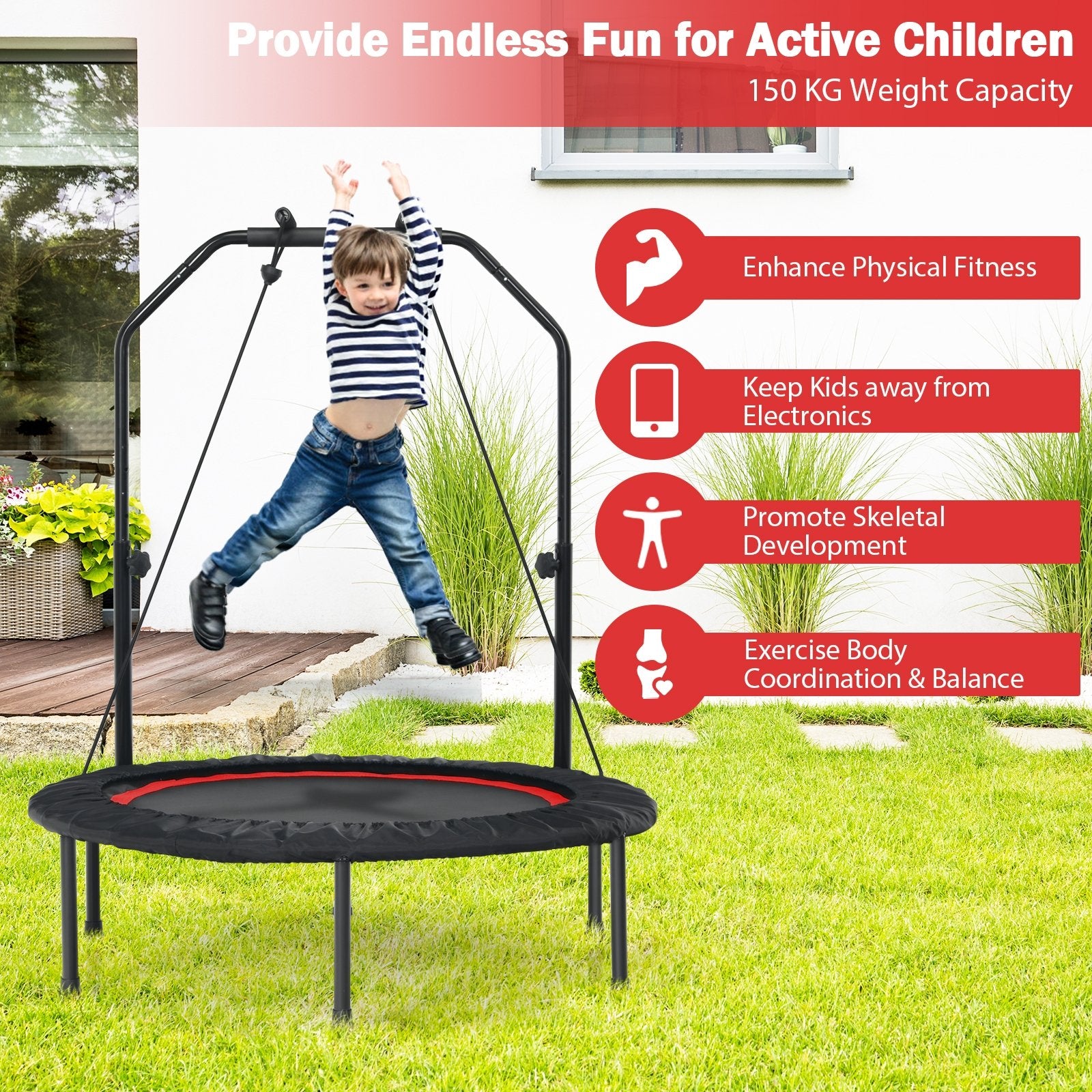 40 Inch Foldable Fitness Rebounder with Resistance Bands Adjustable Home, Red Trampolines   at Gallery Canada