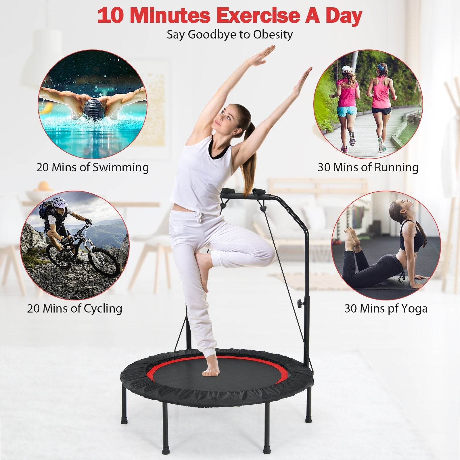 40 Inch Foldable Fitness Rebounder with Resistance Bands Adjustable Home, Red Trampolines   at Gallery Canada