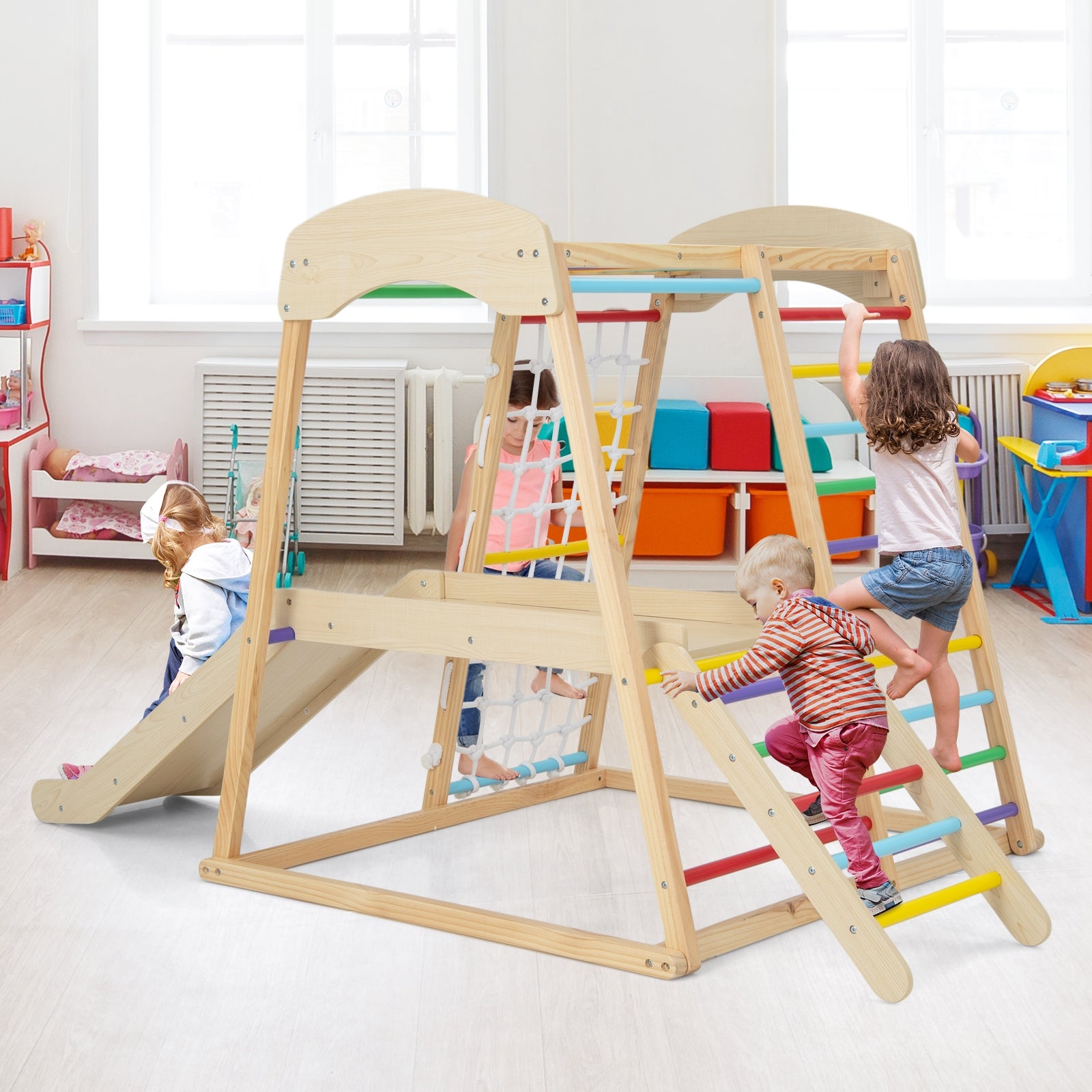6-in-1 Indoor Jungle Gym Kids Wooden Playground with Monkey Bars, Multicolor Climbers & Slides at Gallery Canada