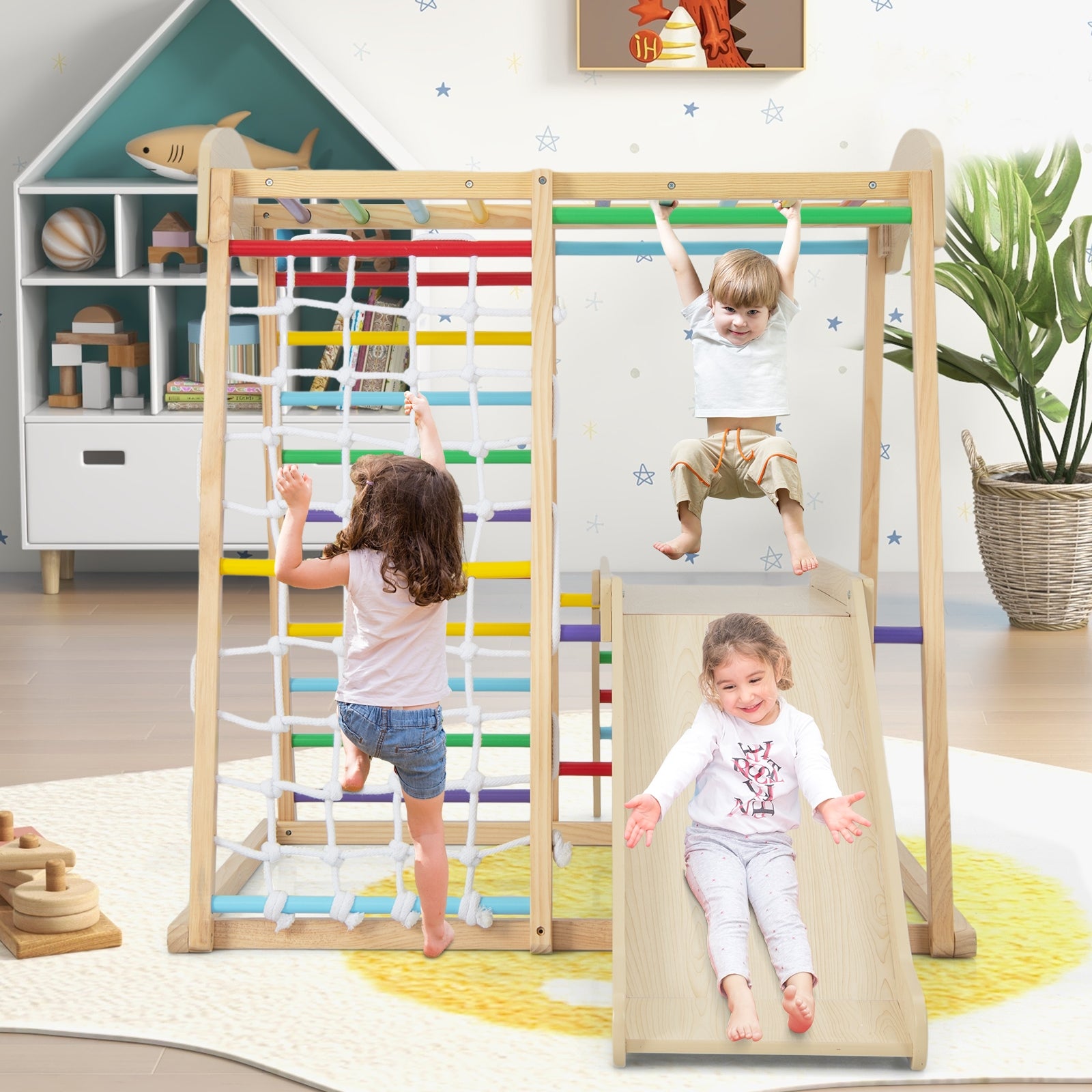 6-in-1 Indoor Jungle Gym Kids Wooden Playground with Monkey Bars, Multicolor Climbers & Slides at Gallery Canada