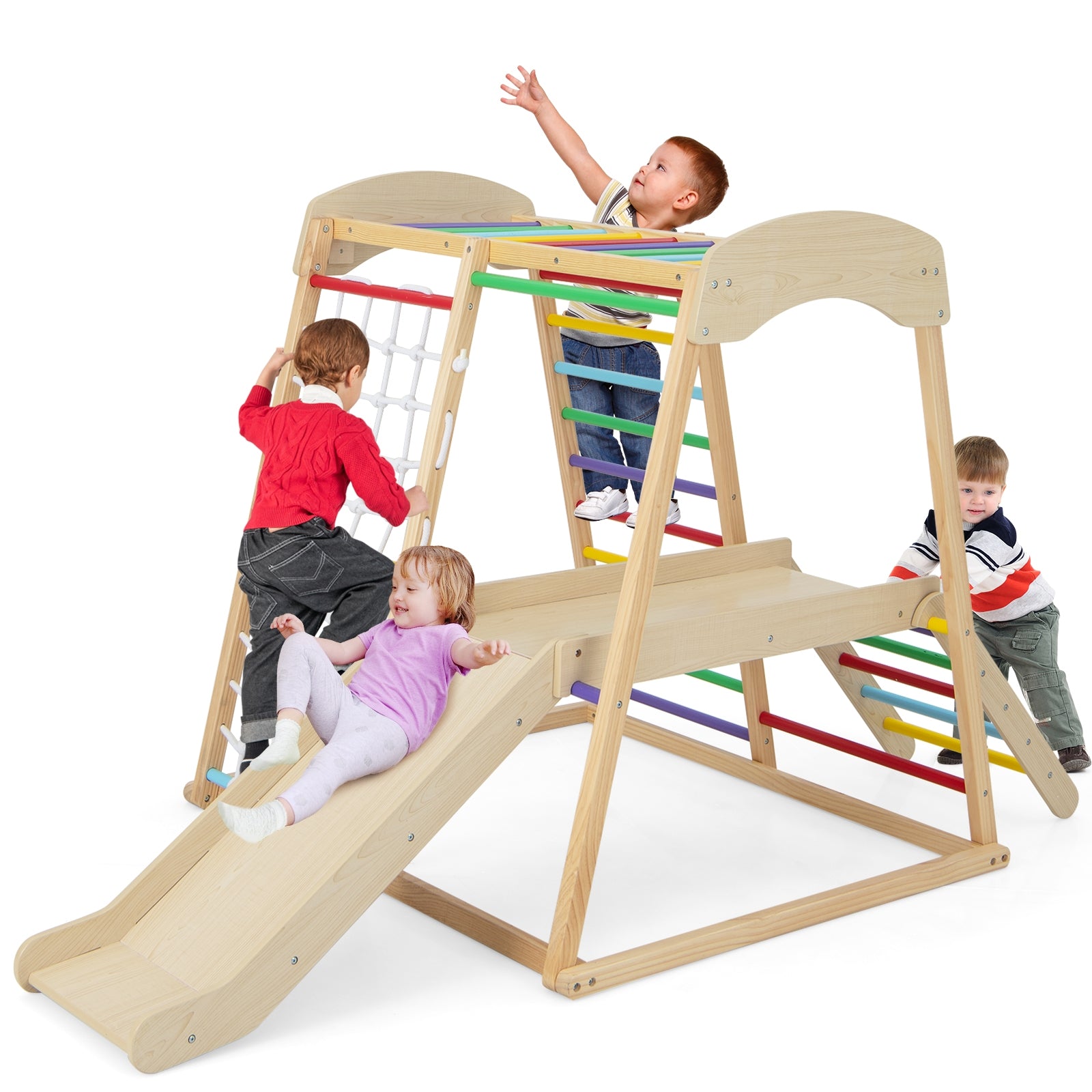 6-in-1 Indoor Jungle Gym Kids Wooden Playground with Monkey Bars, Multicolor Climbers & Slides at Gallery Canada