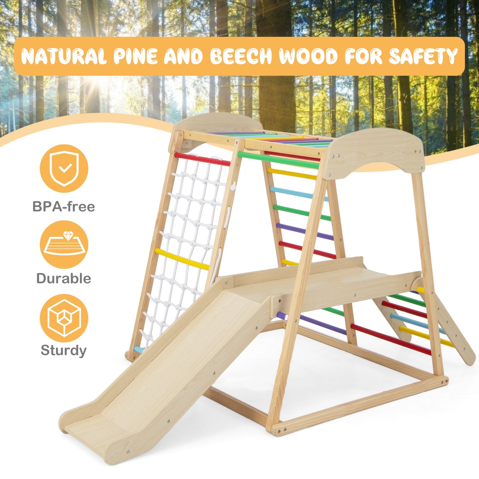 6-in-1 Indoor Jungle Gym Kids Wooden Playground with Monkey Bars, Multicolor Climbers & Slides at Gallery Canada