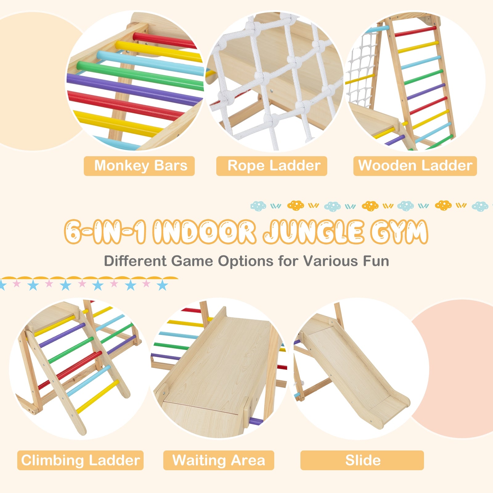 6-in-1 Indoor Jungle Gym Kids Wooden Playground with Monkey Bars, Multicolor Climbers & Slides at Gallery Canada