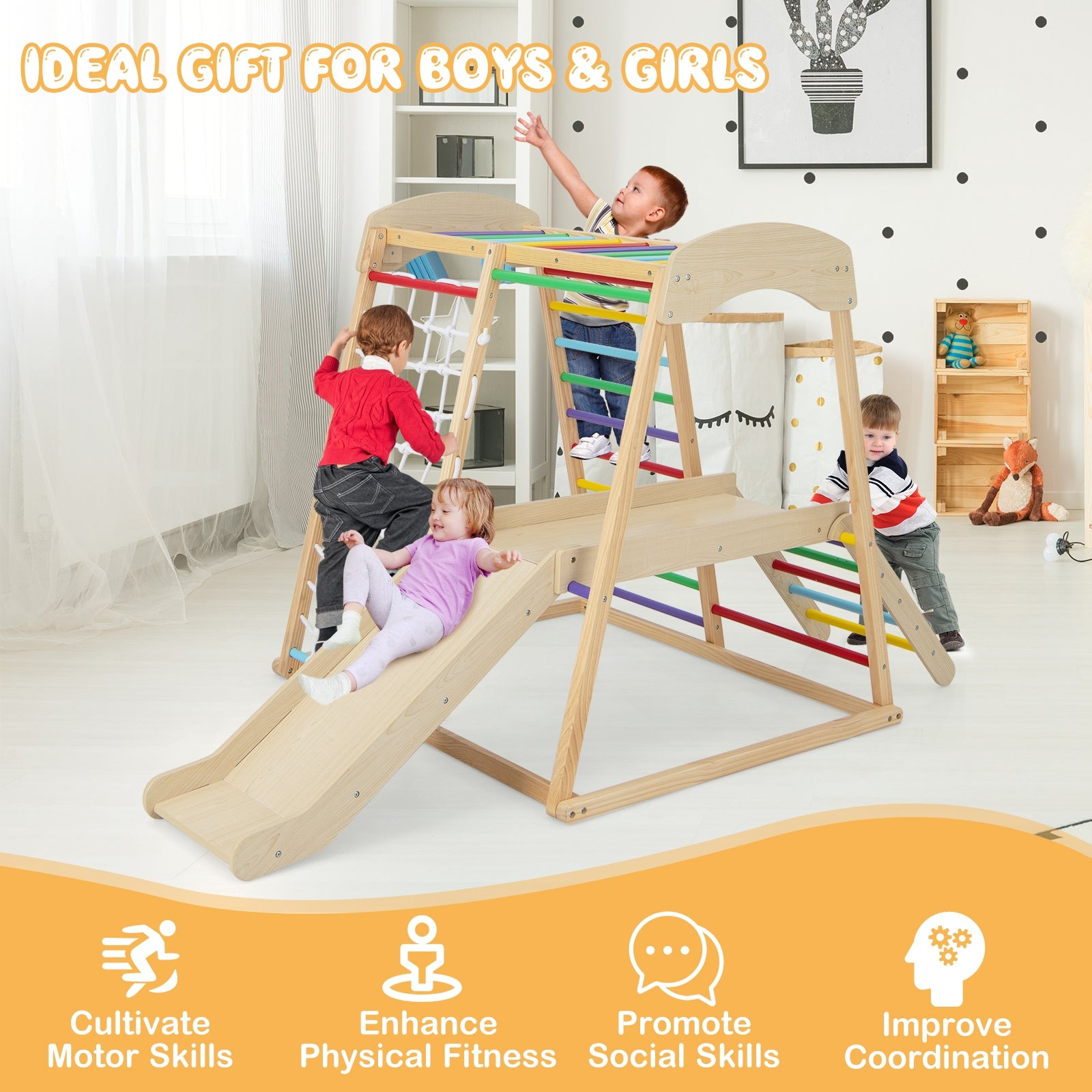 6-in-1 Indoor Jungle Gym Kids Wooden Playground with Monkey Bars, Multicolor Climbers & Slides at Gallery Canada