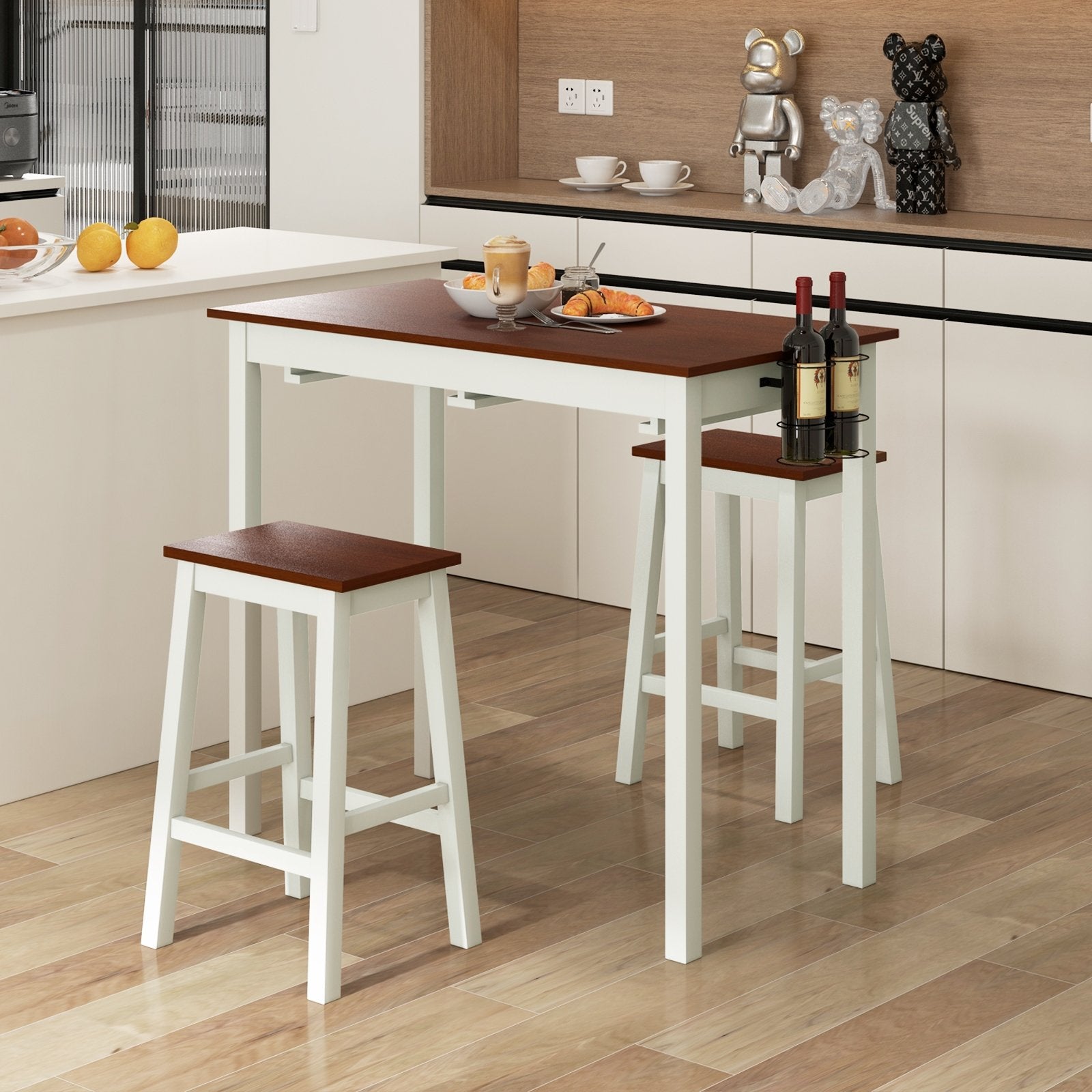 3-Piece Bar Table Set with 2 Wine Holders and Wooden Legs, White Dining Room Sets   at Gallery Canada