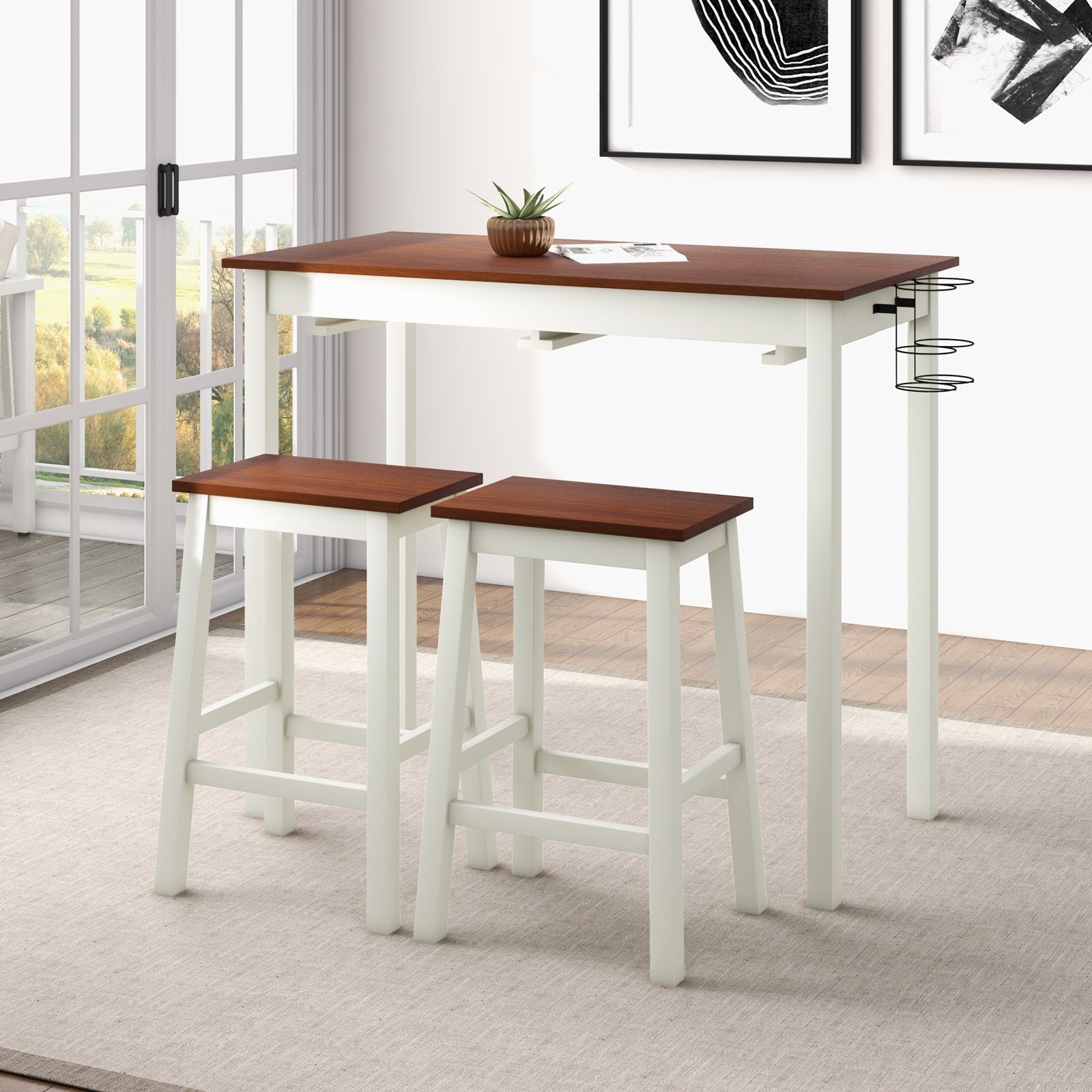 3-Piece Bar Table Set with 2 Wine Holders and Wooden Legs, White Dining Room Sets   at Gallery Canada