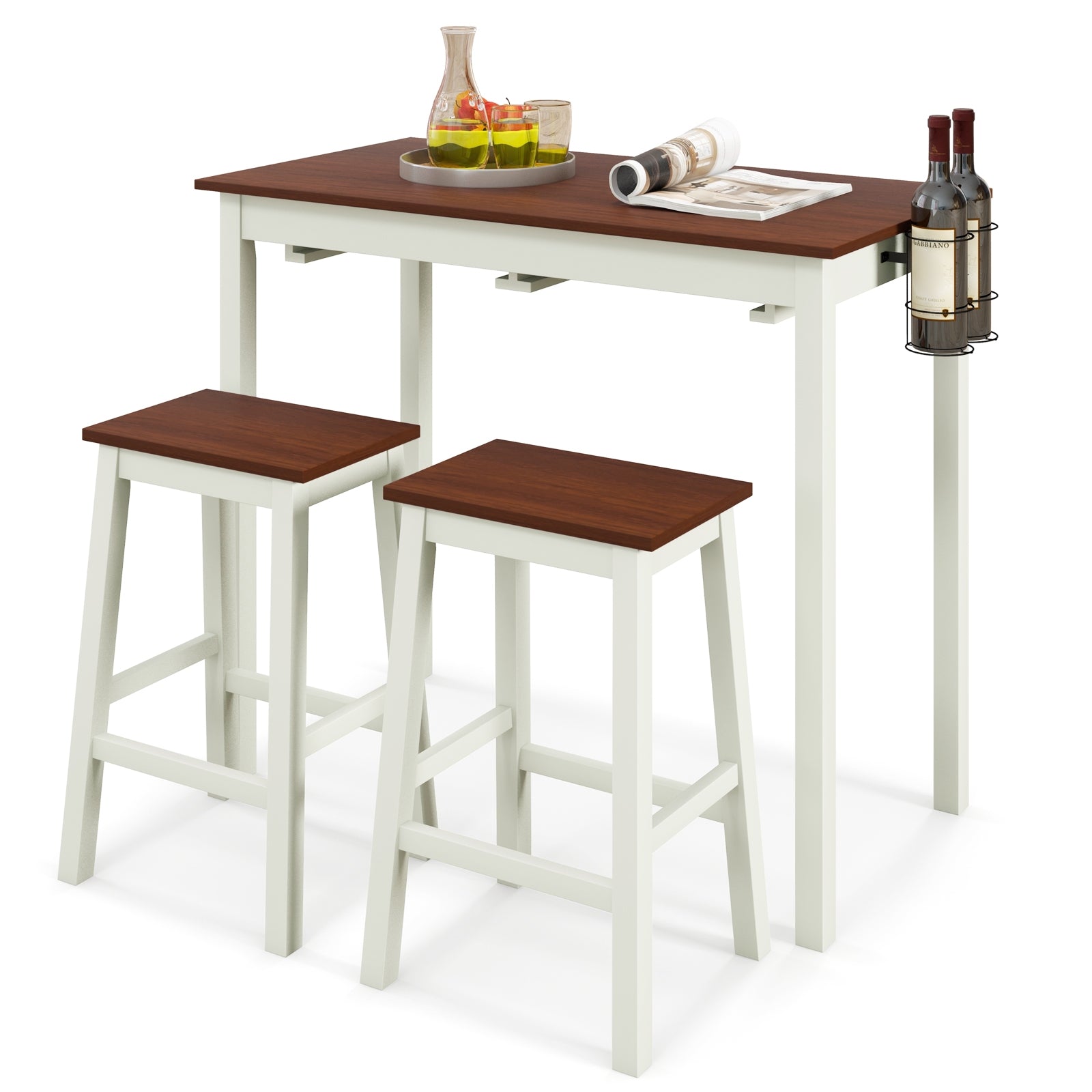 3-Piece Bar Table Set with 2 Wine Holders and Wooden Legs, White Dining Room Sets at Gallery Canada