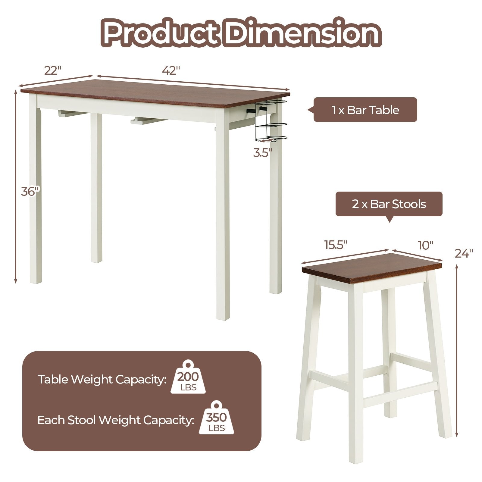 3-Piece Bar Table Set with 2 Wine Holders and Wooden Legs, White Dining Room Sets   at Gallery Canada