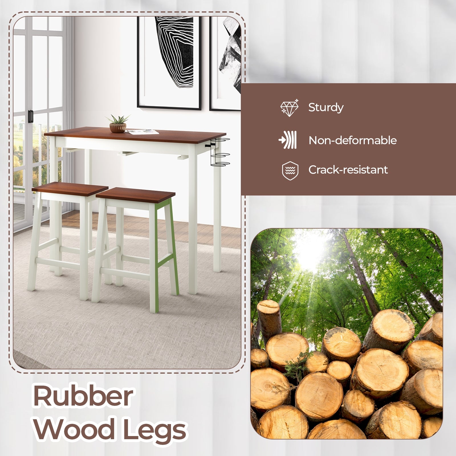 3-Piece Bar Table Set with 2 Wine Holders and Wooden Legs, White Dining Room Sets at Gallery Canada
