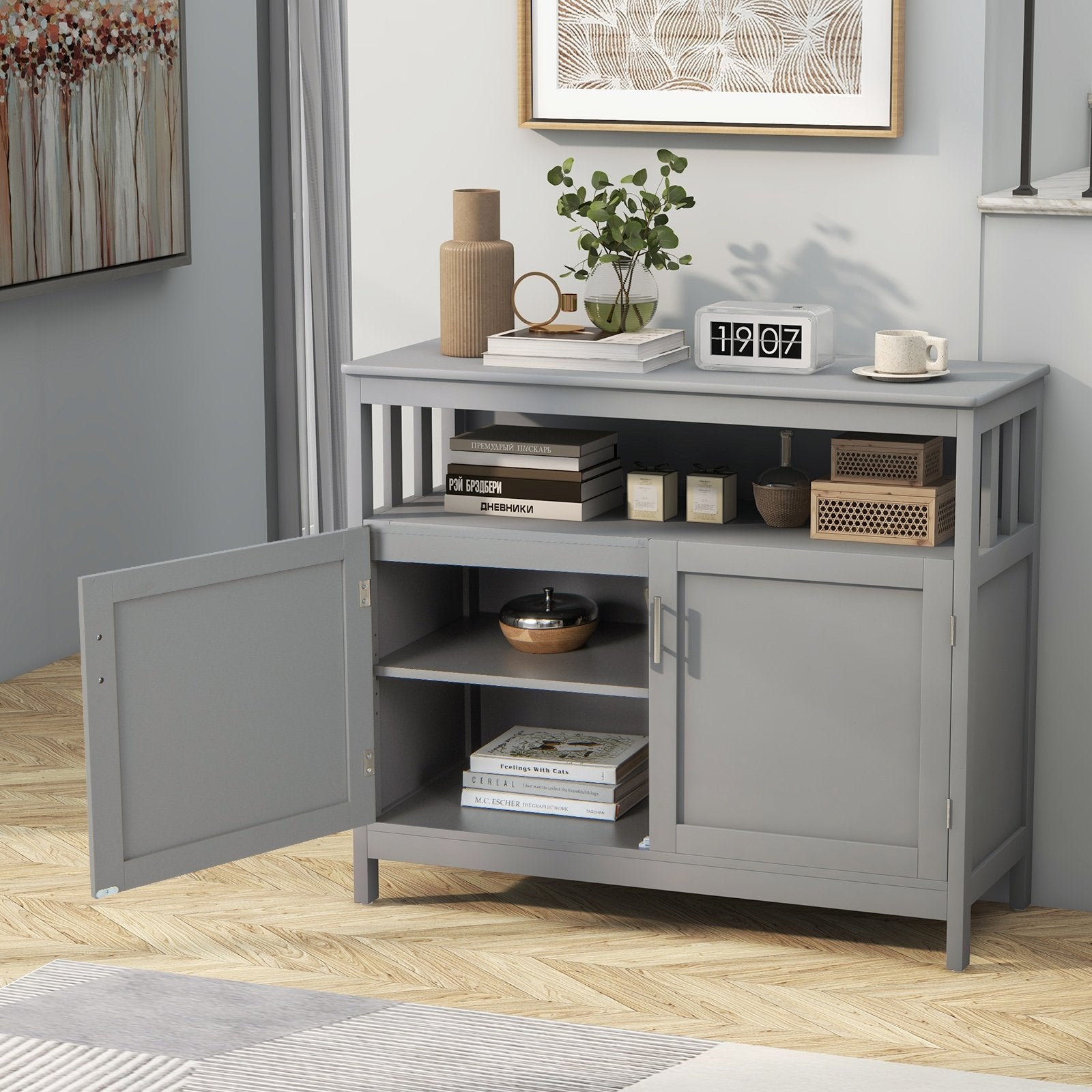 Kitchen Buffet Server Sideboard Storage Cabinet with 2 Doors and Shelf, Gray Sideboards Cabinets & Buffets   at Gallery Canada