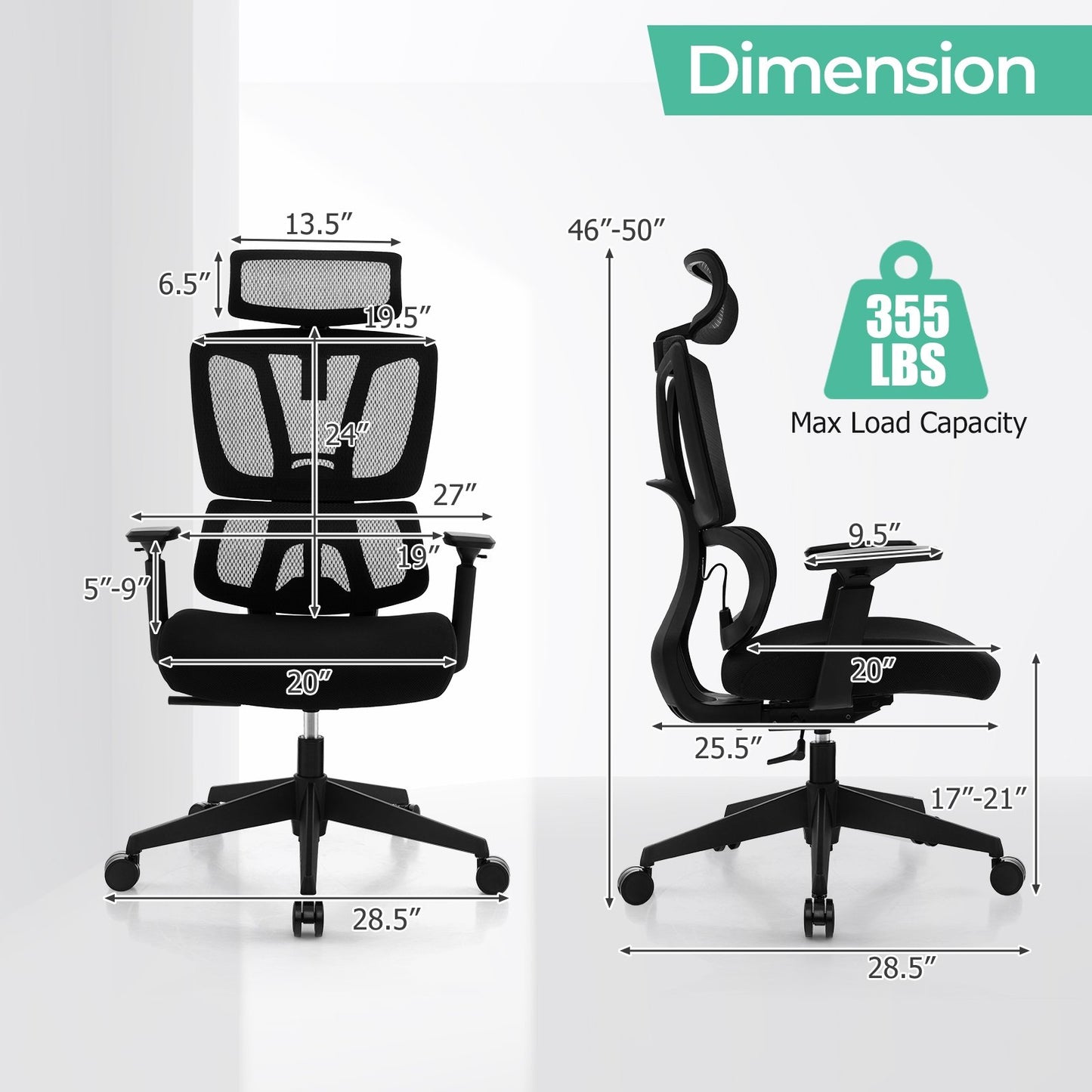 Ergonomic Office Chair with N Type Lumbar Support and Adjustable Headrest, Black Ergonomic Chairs   at Gallery Canada