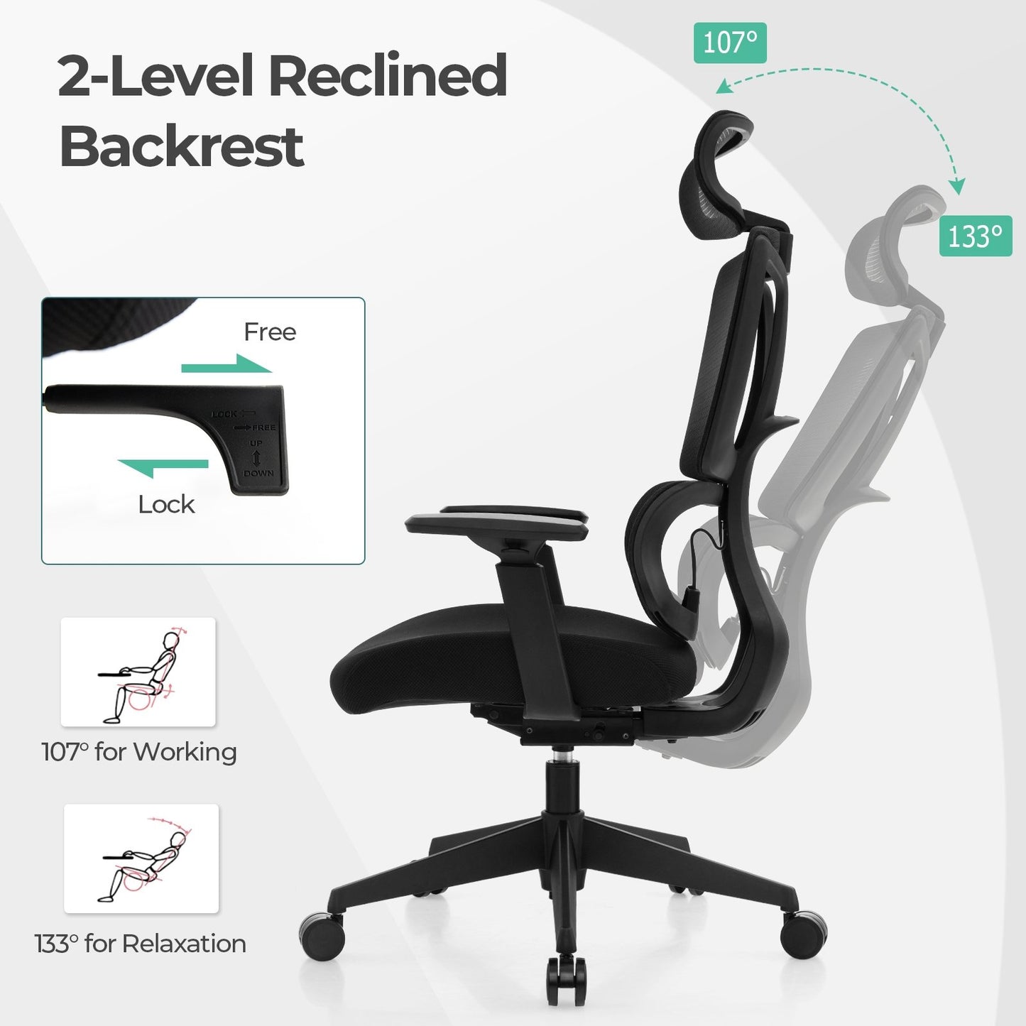 Ergonomic Office Chair with N Type Lumbar Support and Adjustable Headrest, Black Ergonomic Chairs   at Gallery Canada