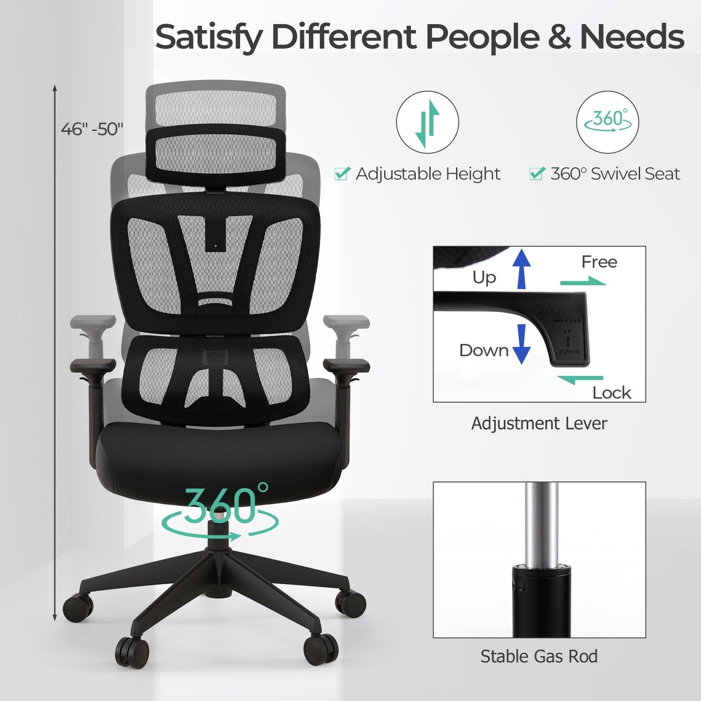 Ergonomic Office Chair with N Type Lumbar Support and Adjustable Headrest, Black Ergonomic Chairs   at Gallery Canada