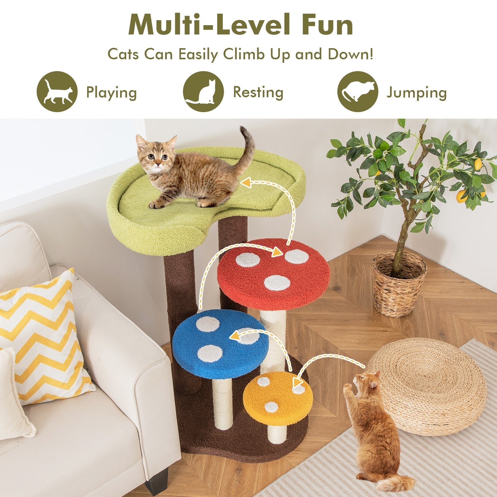 3-In-1 Cat Tree 3 Full-Wrapped Sisal Posts Removable Mat and Platforms, Multicolor Cat Trees Condos & Scratchers   at Gallery Canada