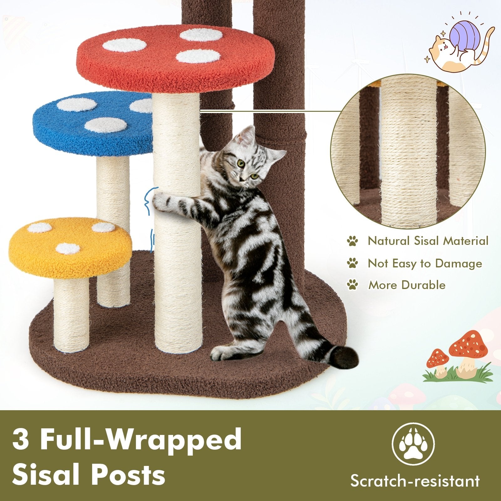 3-In-1 Cat Tree 3 Full-Wrapped Sisal Posts Removable Mat and Platforms, Multicolor Cat Trees Condos & Scratchers   at Gallery Canada