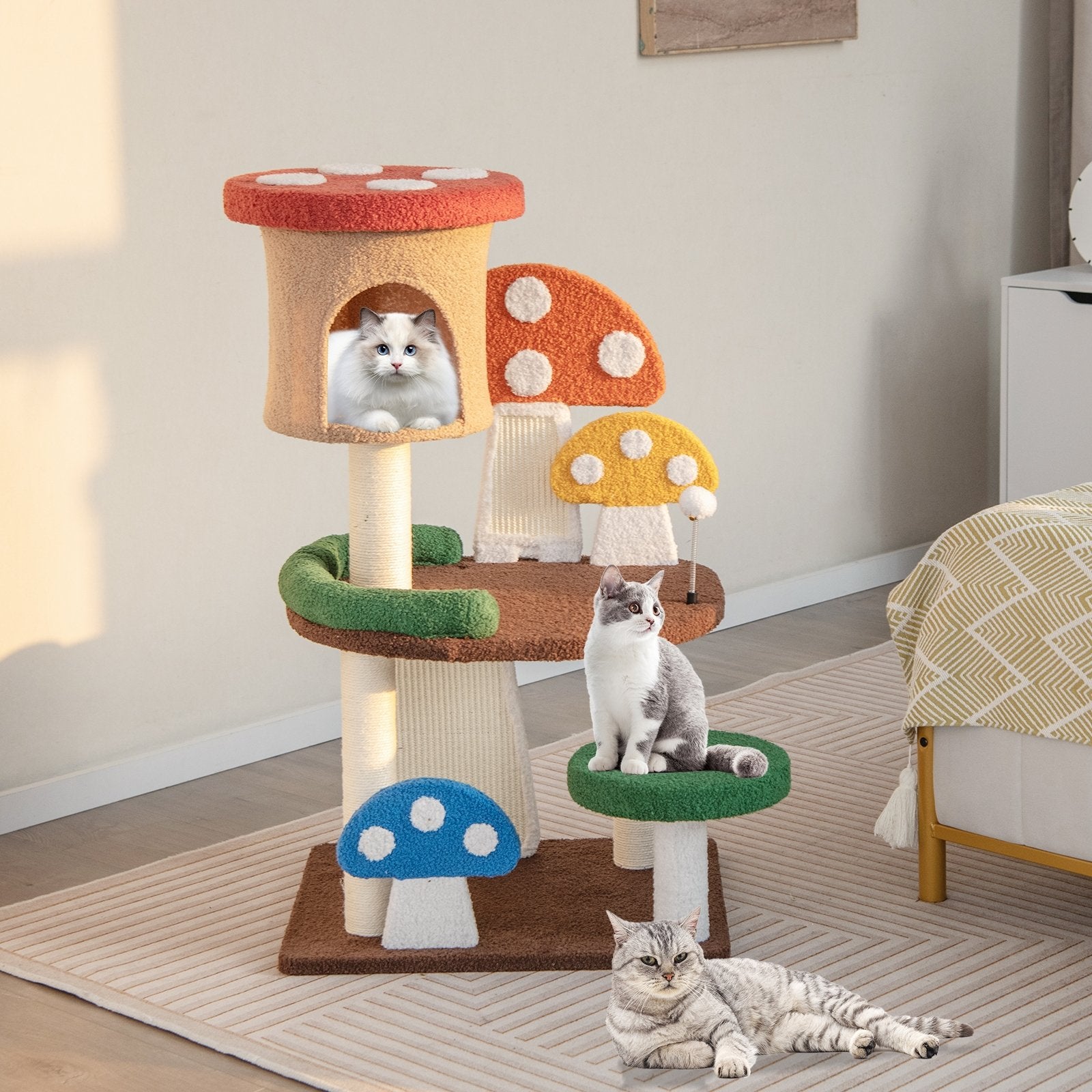 4-In-1 Mushroom Cat Tree with Condo Spring Ball and Sisal Posts, Multicolor Cat Trees Condos & Scratchers   at Gallery Canada