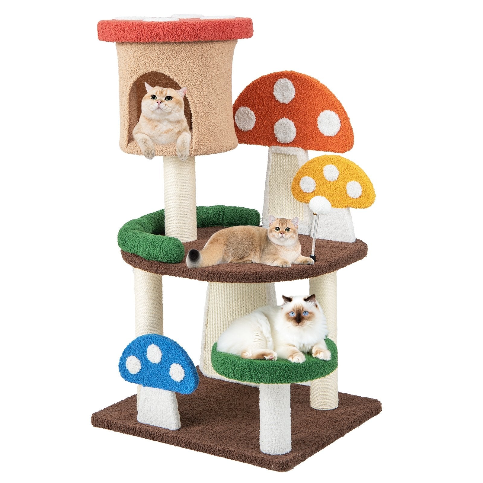 4-In-1 Mushroom Cat Tree with Condo Spring Ball and Sisal Posts, Multicolor Cat Trees Condos & Scratchers   at Gallery Canada