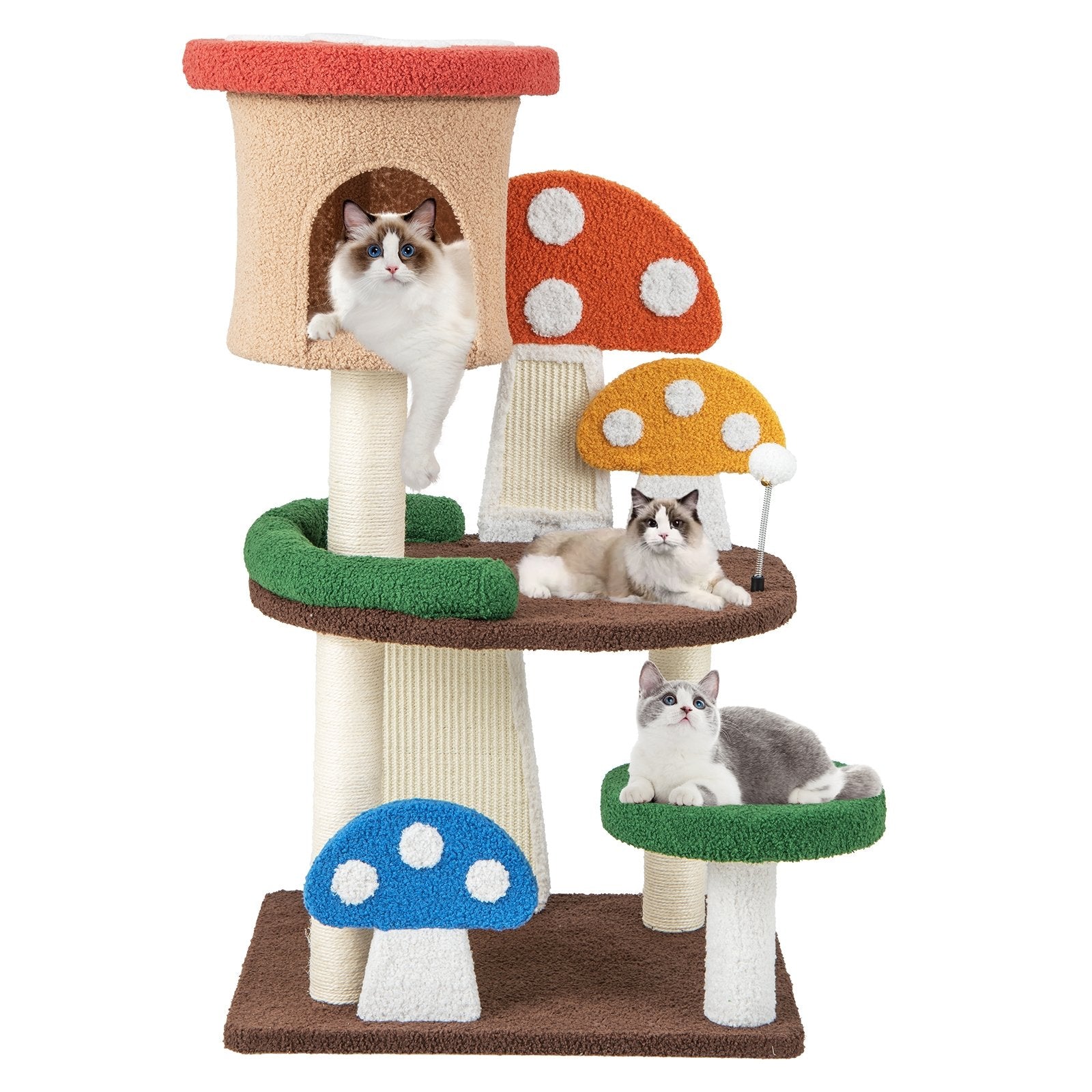 4-In-1 Mushroom Cat Tree with Condo Spring Ball and Sisal Posts, Multicolor Cat Trees Condos & Scratchers   at Gallery Canada