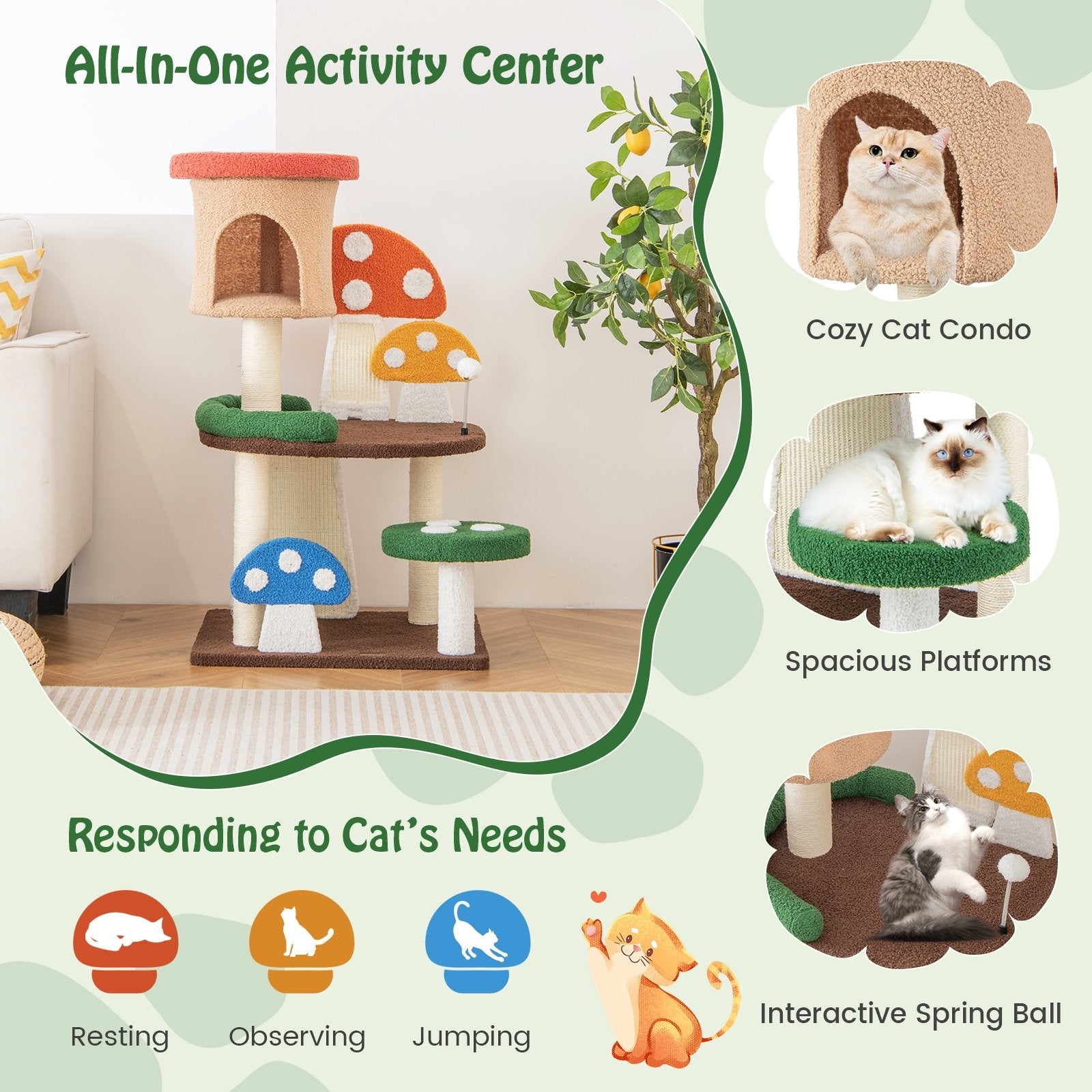 4-In-1 Mushroom Cat Tree with Condo Spring Ball and Sisal Posts, Multicolor Cat Trees Condos & Scratchers   at Gallery Canada