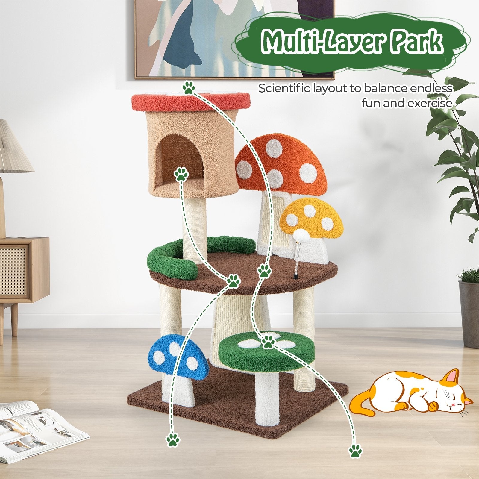 4-In-1 Mushroom Cat Tree with Condo Spring Ball and Sisal Posts, Multicolor Cat Trees Condos & Scratchers   at Gallery Canada