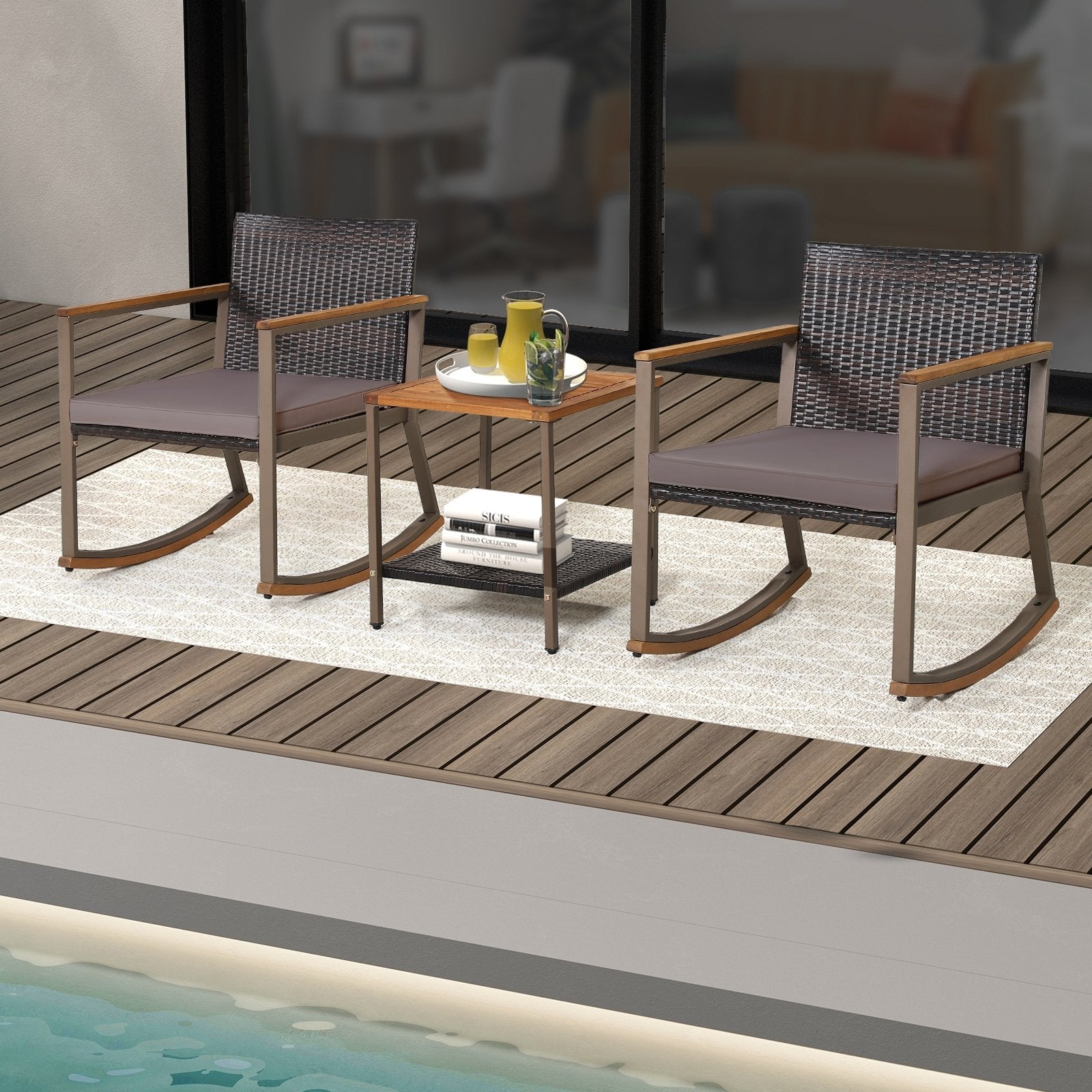 3 Pieces Rattan Rocking Bistro Set with Coffee Table and Cushions, Gray Patio Conversation Sets   at Gallery Canada