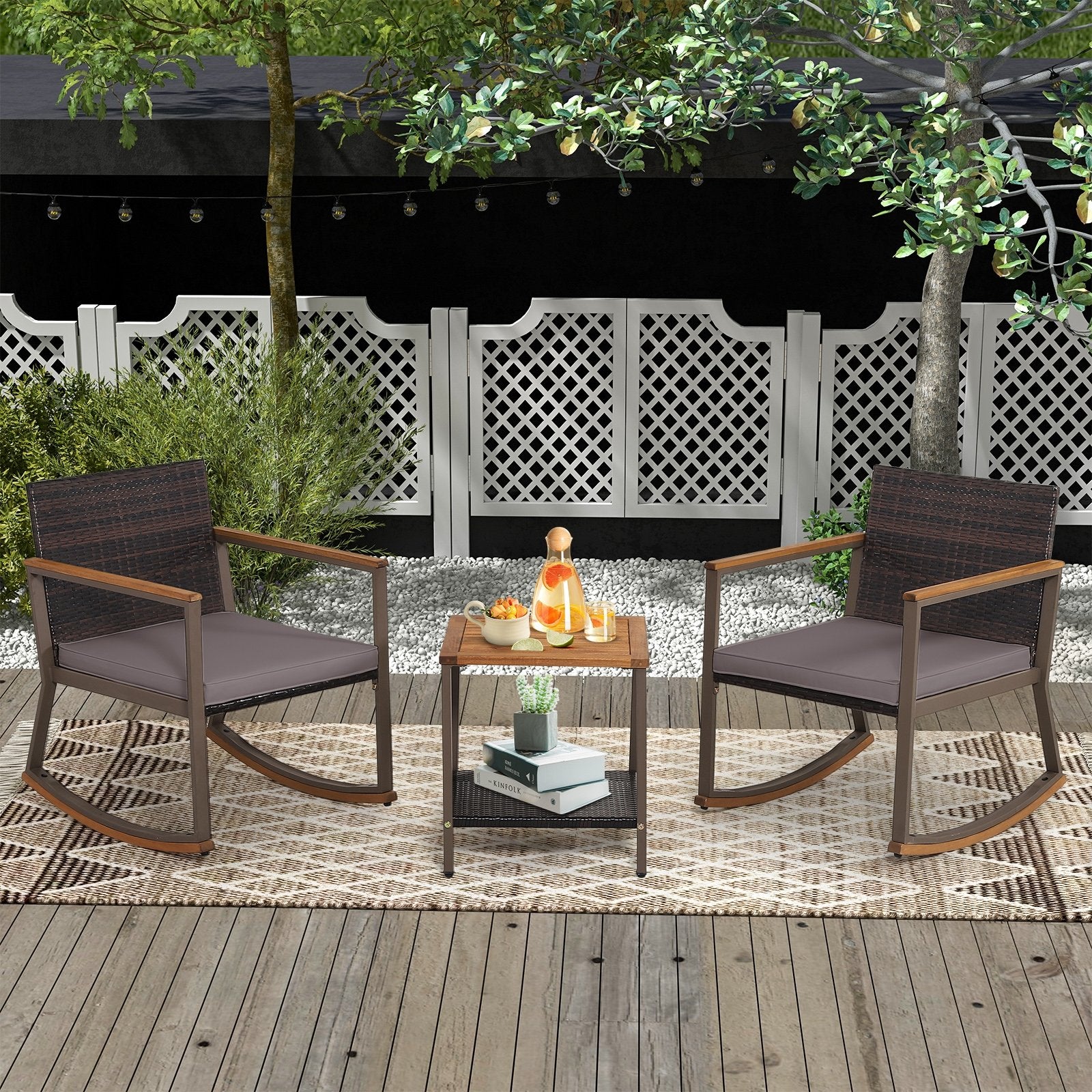 3 Pieces Rattan Rocking Bistro Set with Coffee Table and Cushions, Gray Patio Conversation Sets   at Gallery Canada