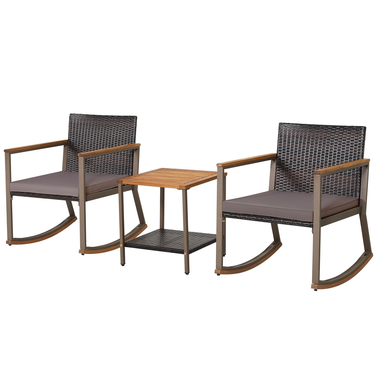 3 Pieces Rattan Rocking Bistro Set with Coffee Table and Cushions, Gray Patio Conversation Sets   at Gallery Canada