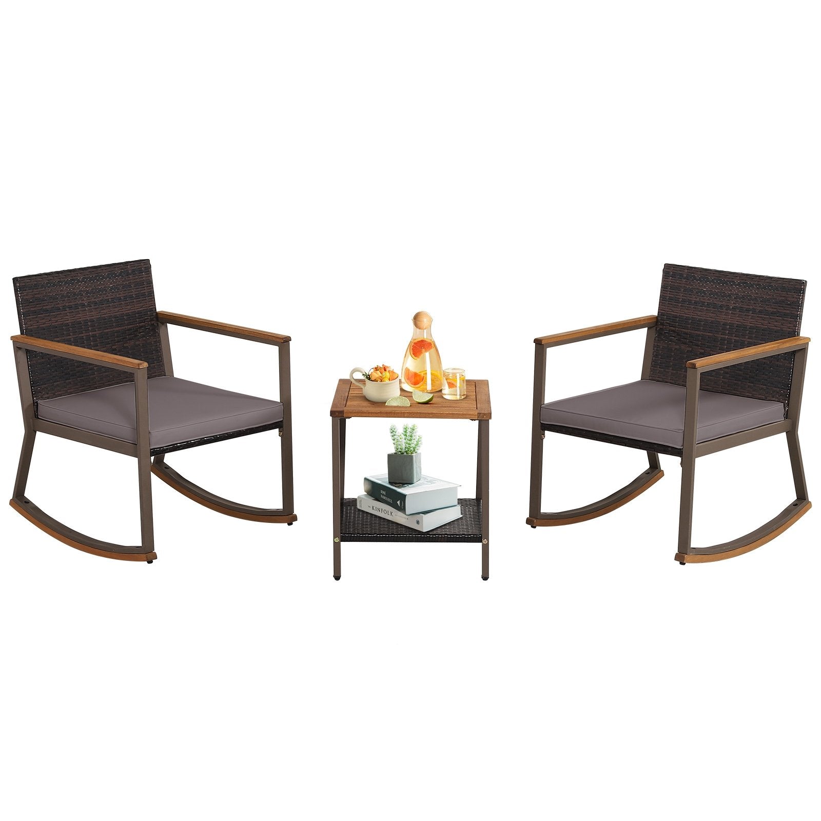 3 Pieces Rattan Rocking Bistro Set with Coffee Table and Cushions, Gray Patio Conversation Sets   at Gallery Canada