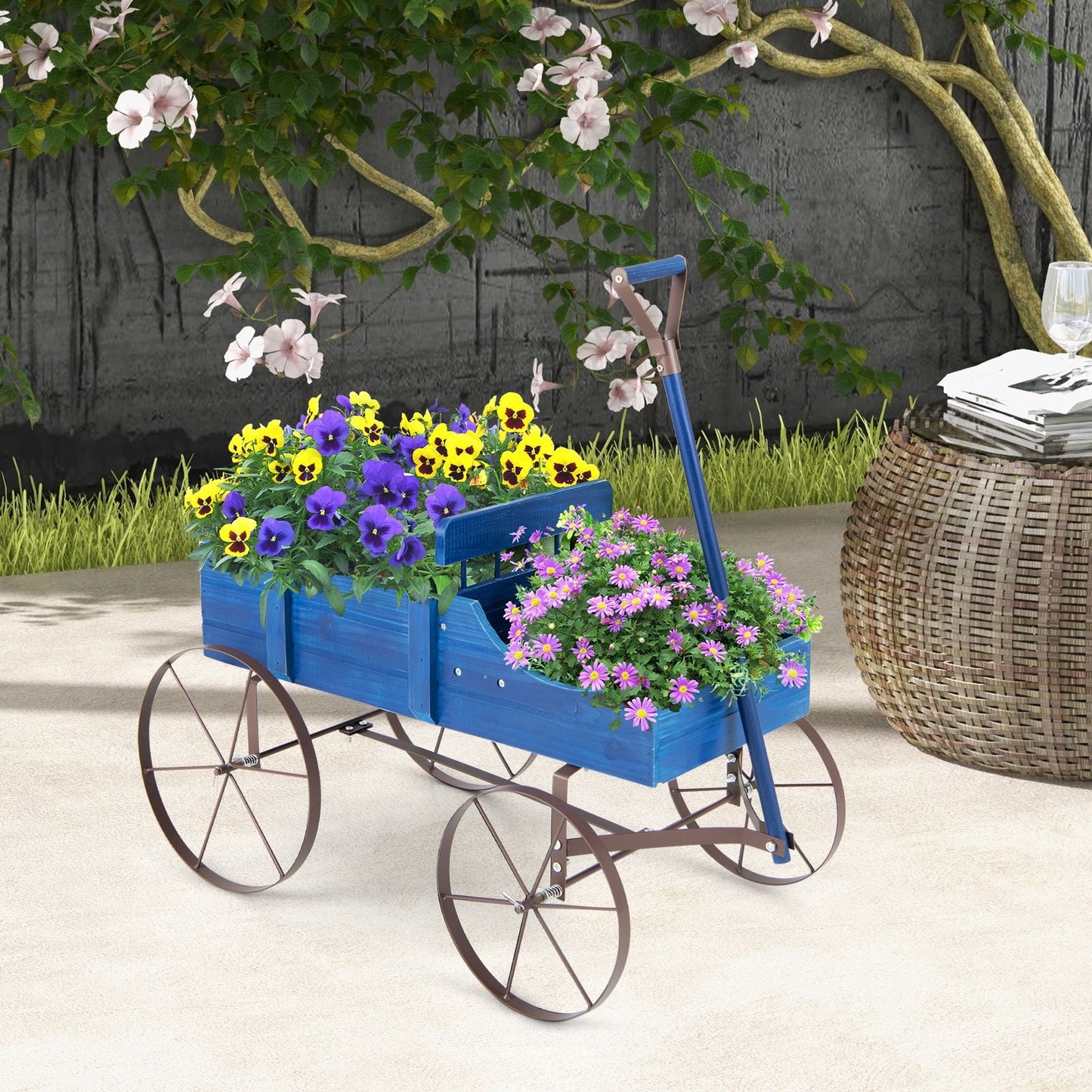 Wooden Wagon Plant Bed with Metal Wheels for Garden Yard Patio, Blue Plant Stands   at Gallery Canada