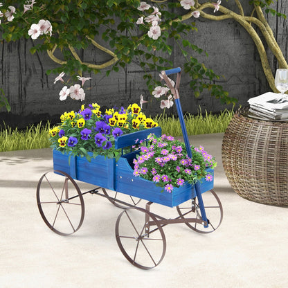 Wooden Wagon Plant Bed with Metal Wheels for Garden Yard Patio, Blue Plant Stands   at Gallery Canada