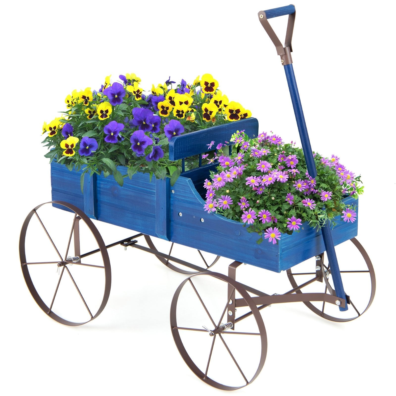 Wooden Wagon Plant Bed with Metal Wheels for Garden Yard Patio, Blue Plant Stands   at Gallery Canada