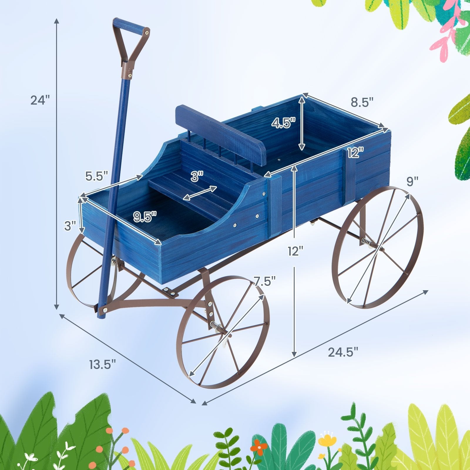 Wooden Wagon Plant Bed with Metal Wheels for Garden Yard Patio, Blue Plant Stands   at Gallery Canada