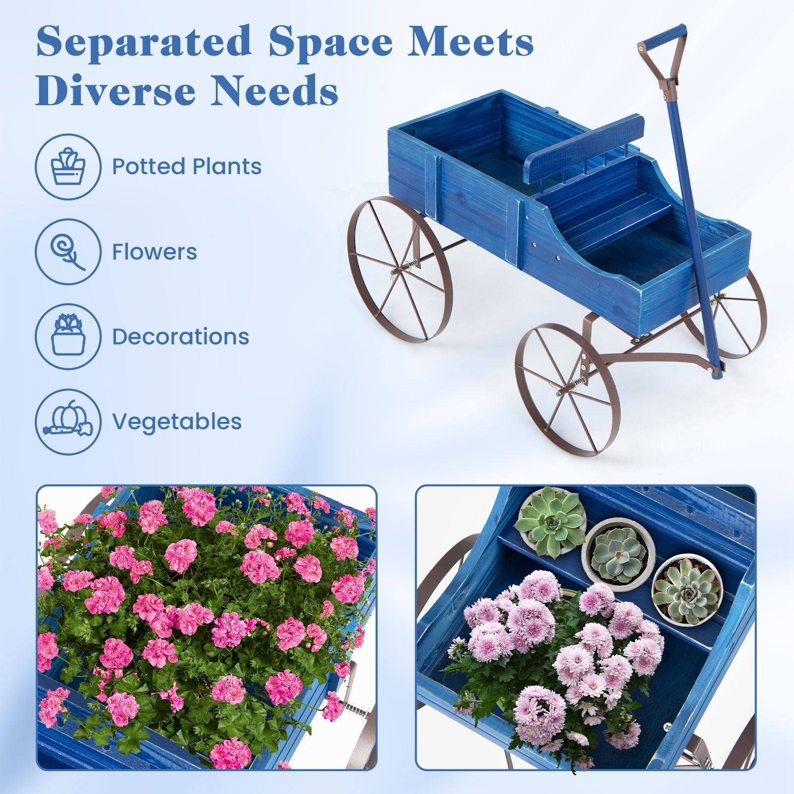 Wooden Wagon Plant Bed with Metal Wheels for Garden Yard Patio, Blue Plant Stands   at Gallery Canada