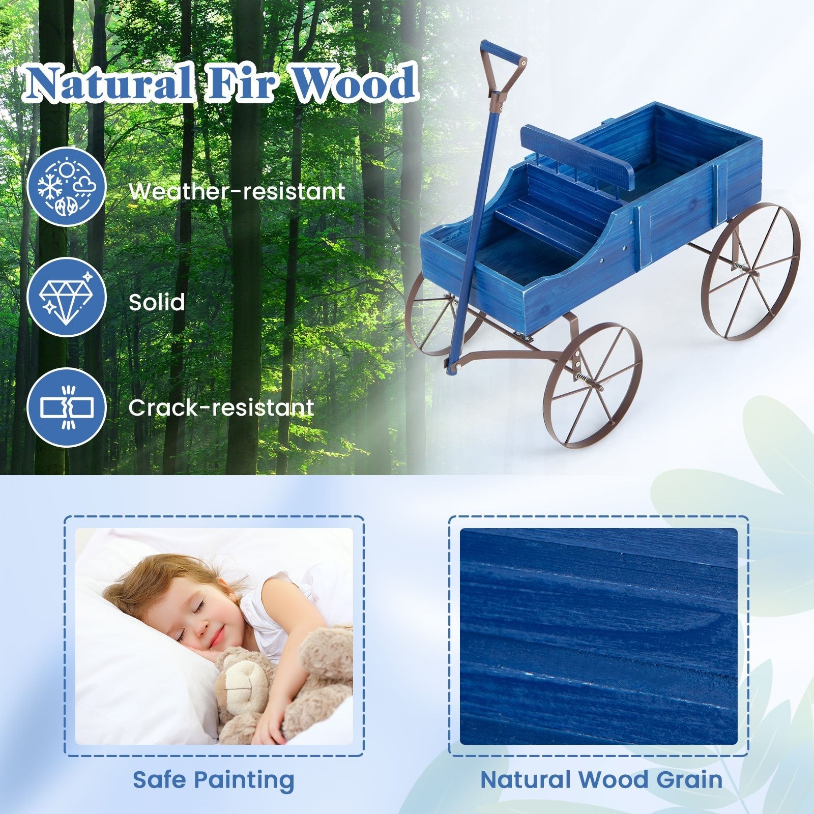 Wooden Wagon Plant Bed with Metal Wheels for Garden Yard Patio, Blue Plant Stands   at Gallery Canada