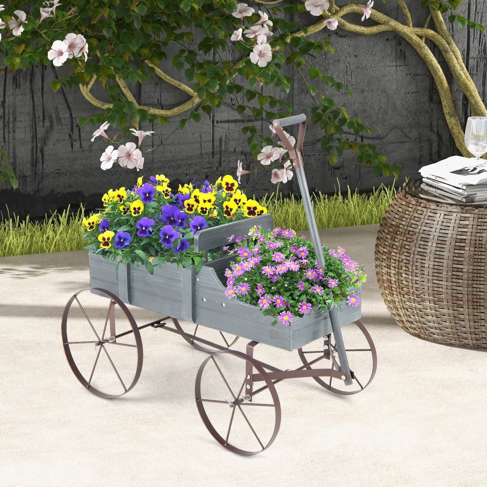 Wooden Wagon Plant Bed with Metal Wheels for Garden Yard Patio, Gray Plant Stands   at Gallery Canada