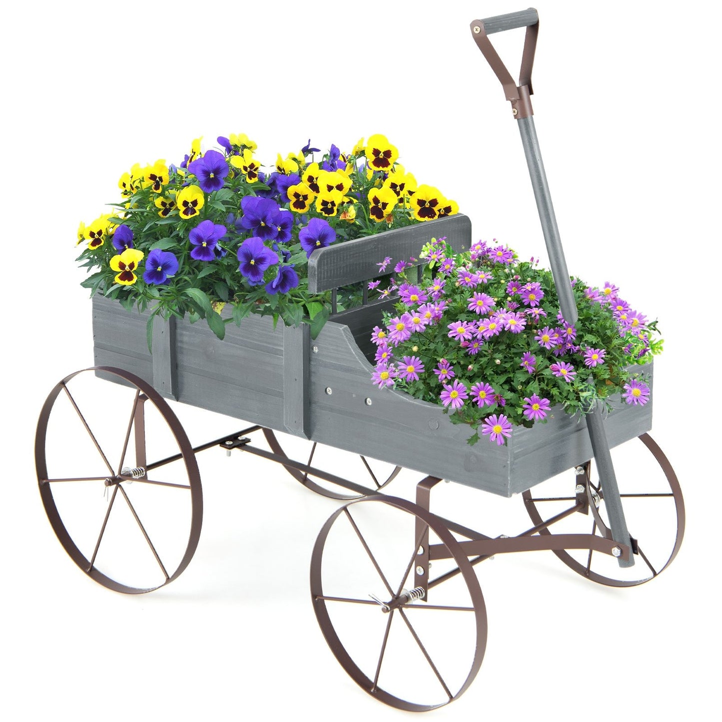 Wooden Wagon Plant Bed with Metal Wheels for Garden Yard Patio, Gray Plant Stands   at Gallery Canada